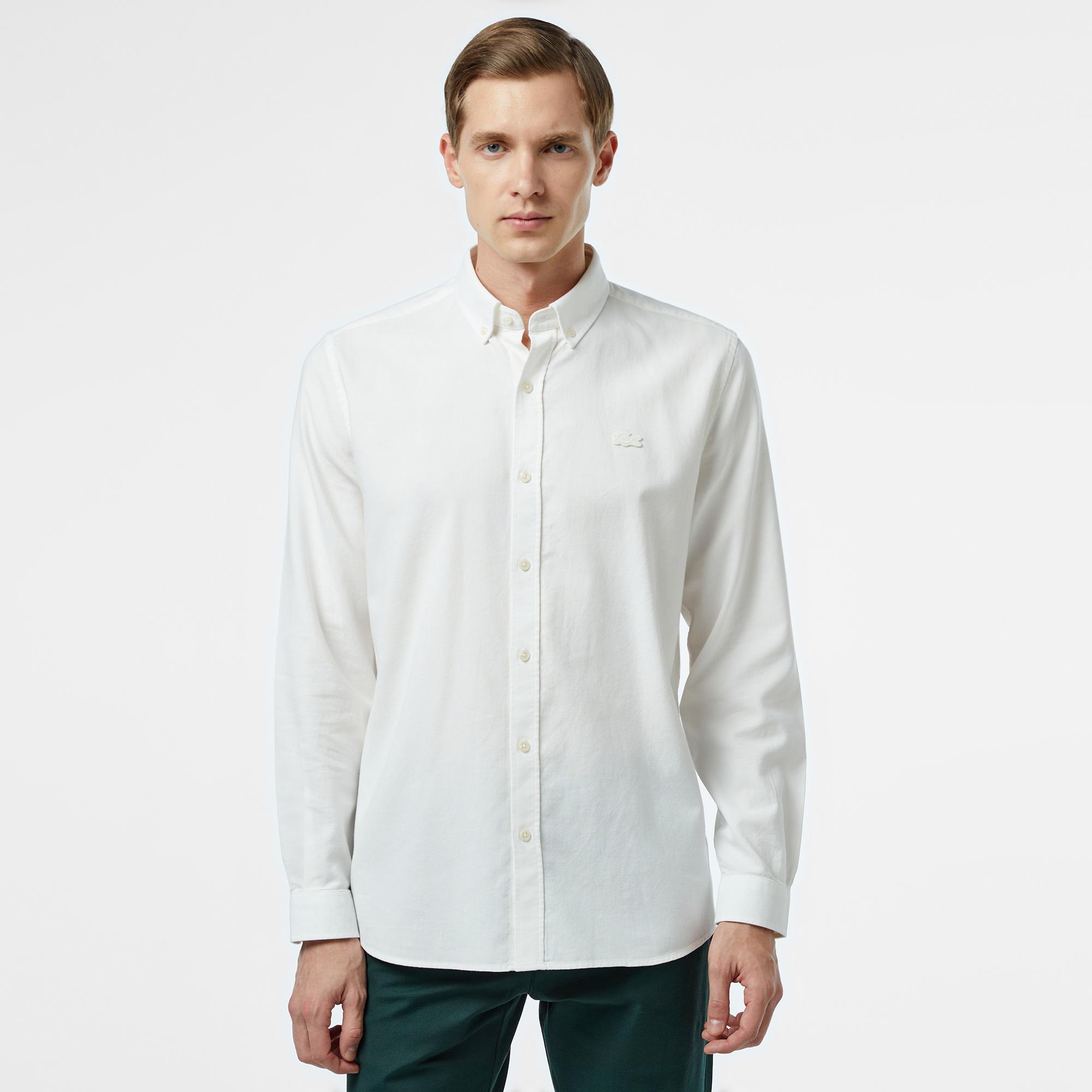 Erkek Slim Fit Düğmeli Yaka Beyaz Gömlek