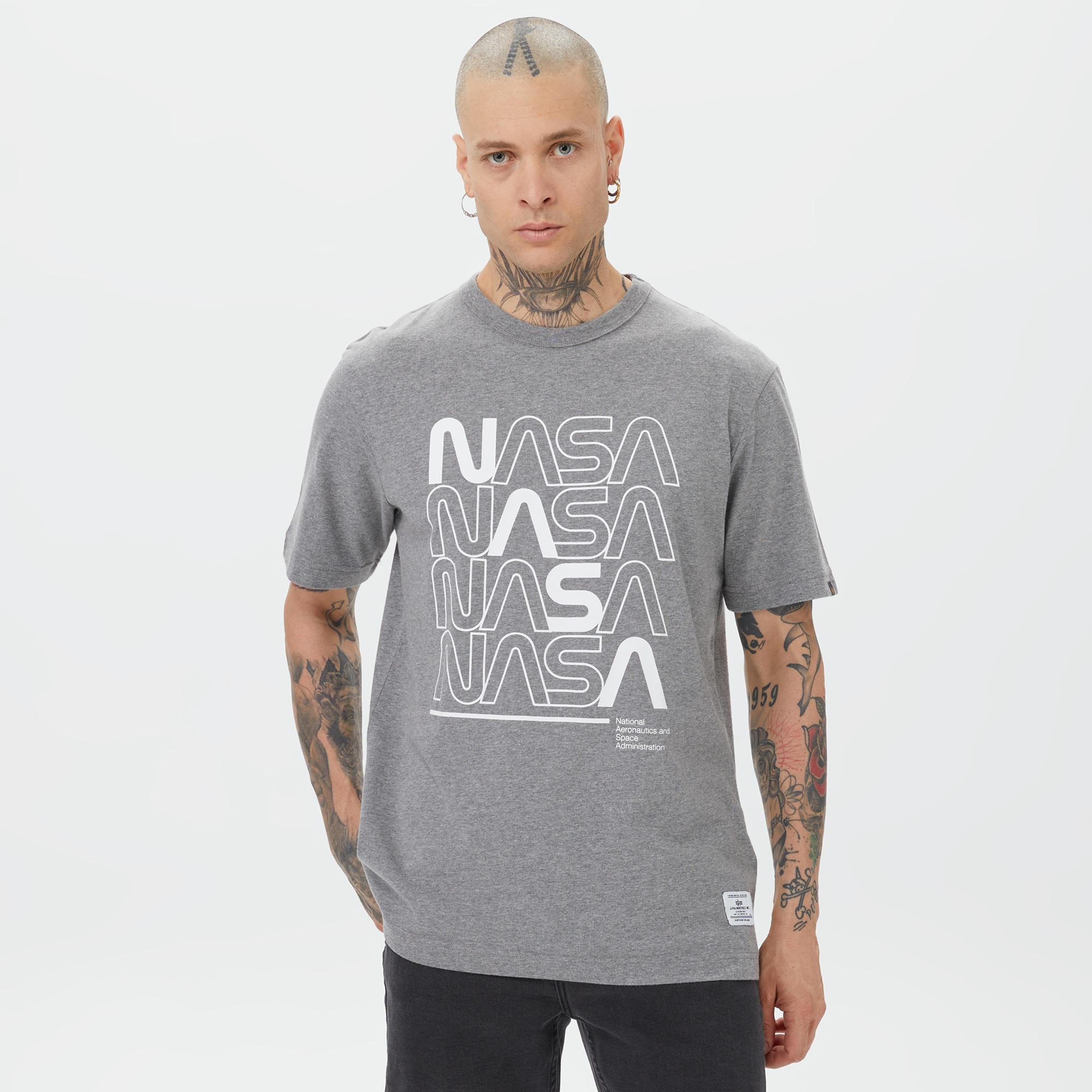 Alpha Industries Nasa Logo Print Erkek Gri T-Shirt