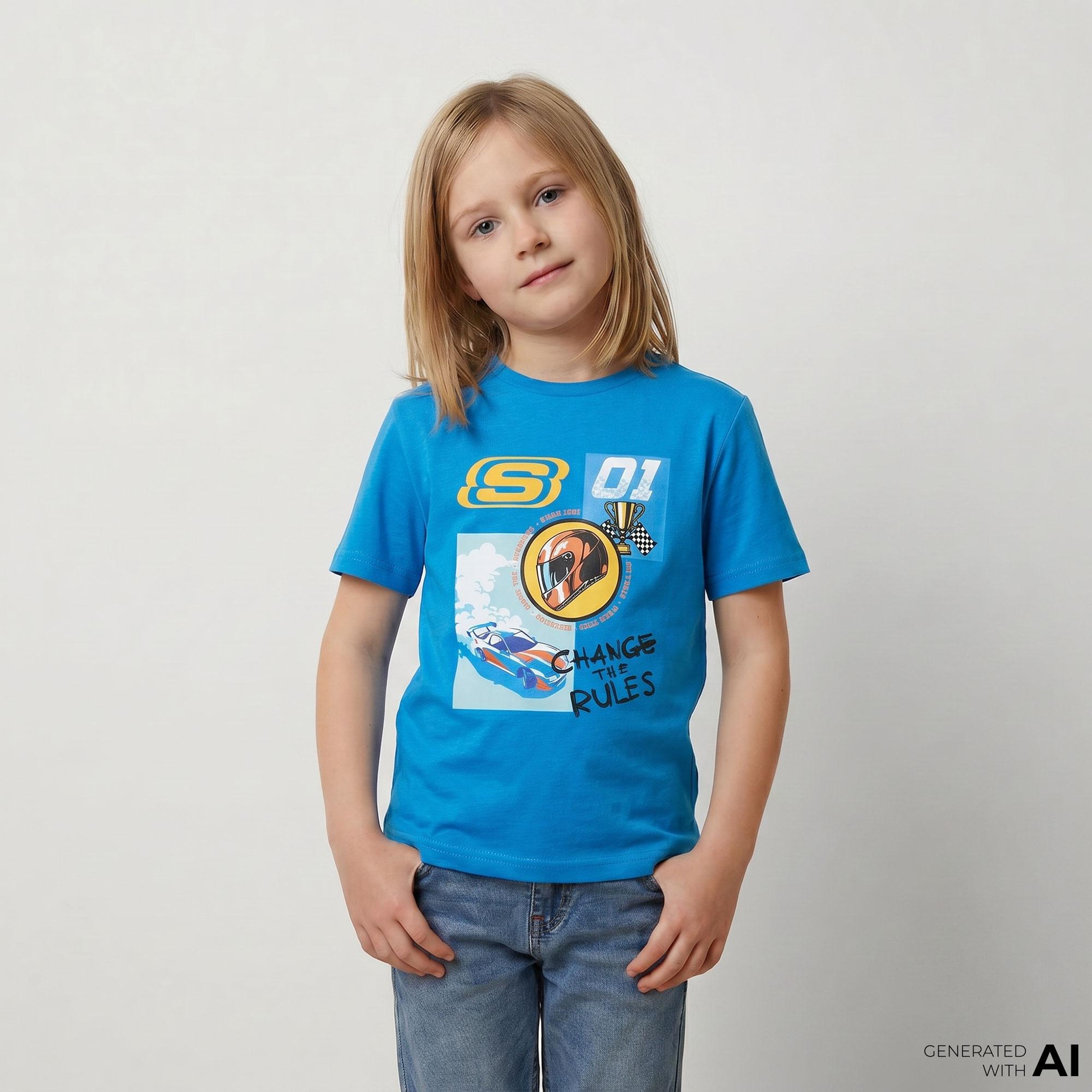 Skechers Regular Fit Baskılı Çocuk Mavi T-Shirt