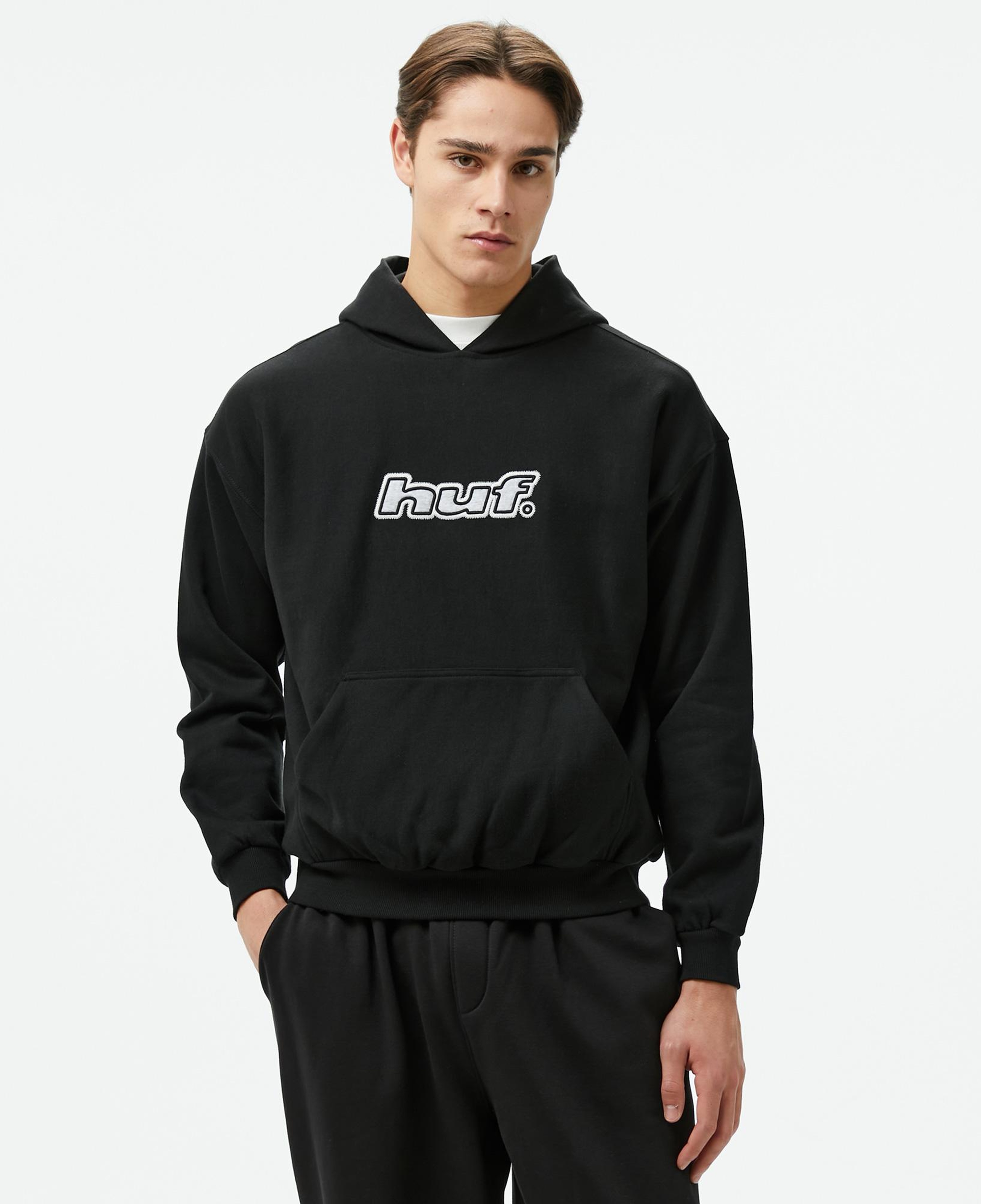 Huf Logo Applique Hooded Fleece Erkek Siyah Hoodie