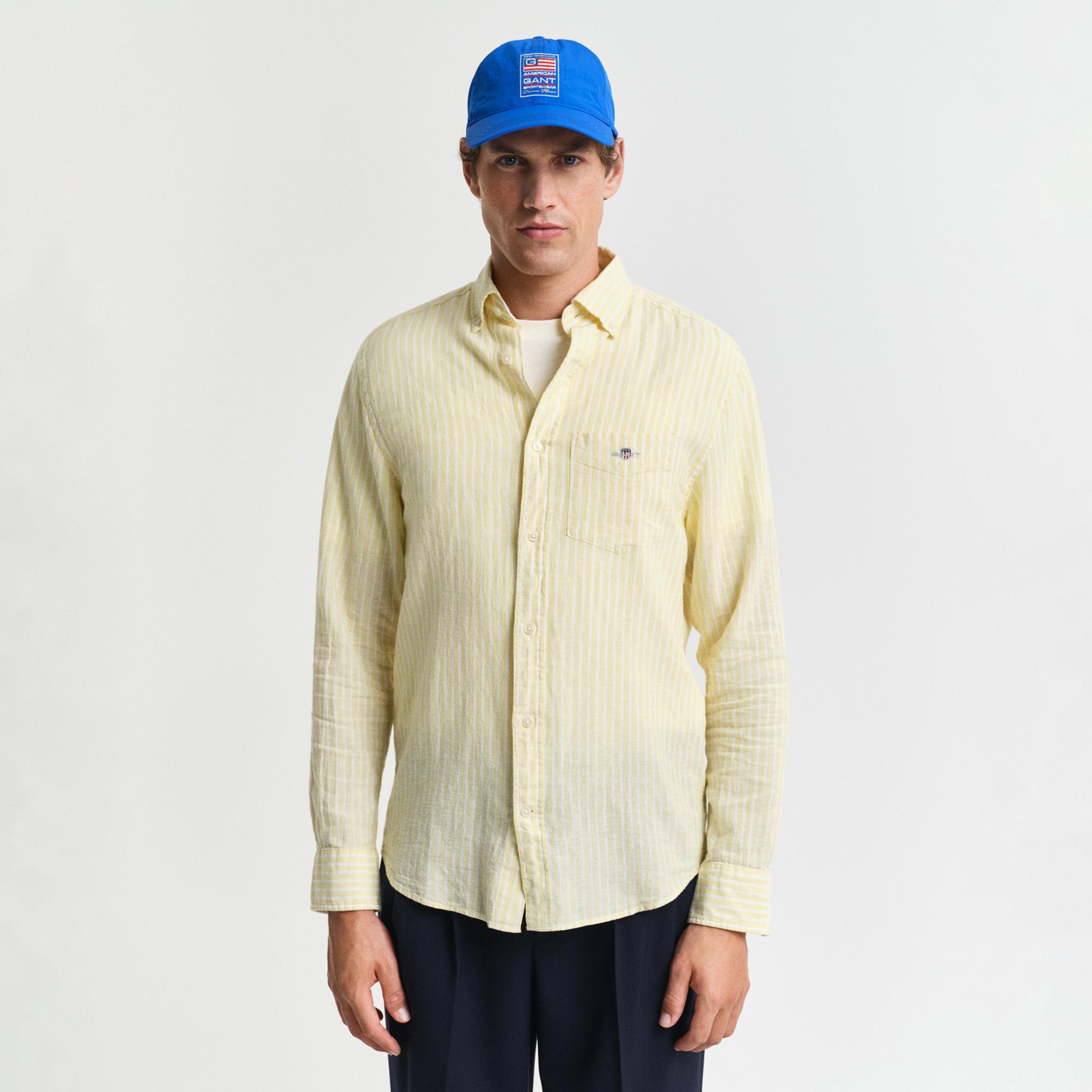 GANT Erkek Sarı Regular Fit Düğmeli Yaka Çizgili Keten Gömlek