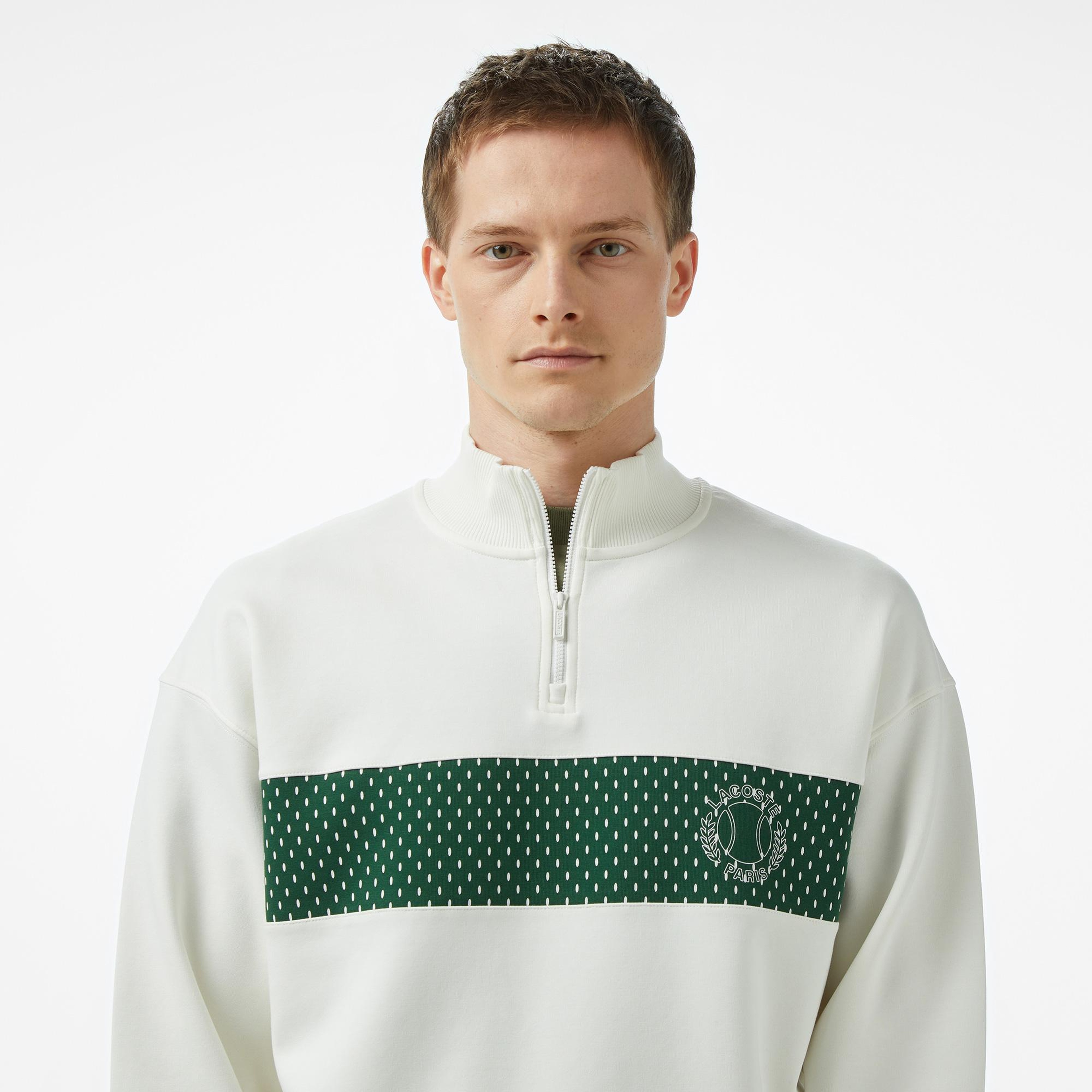 Erkek Loose Fit Yarım Fermuarlı Baskılı Beyaz Sweatshirt