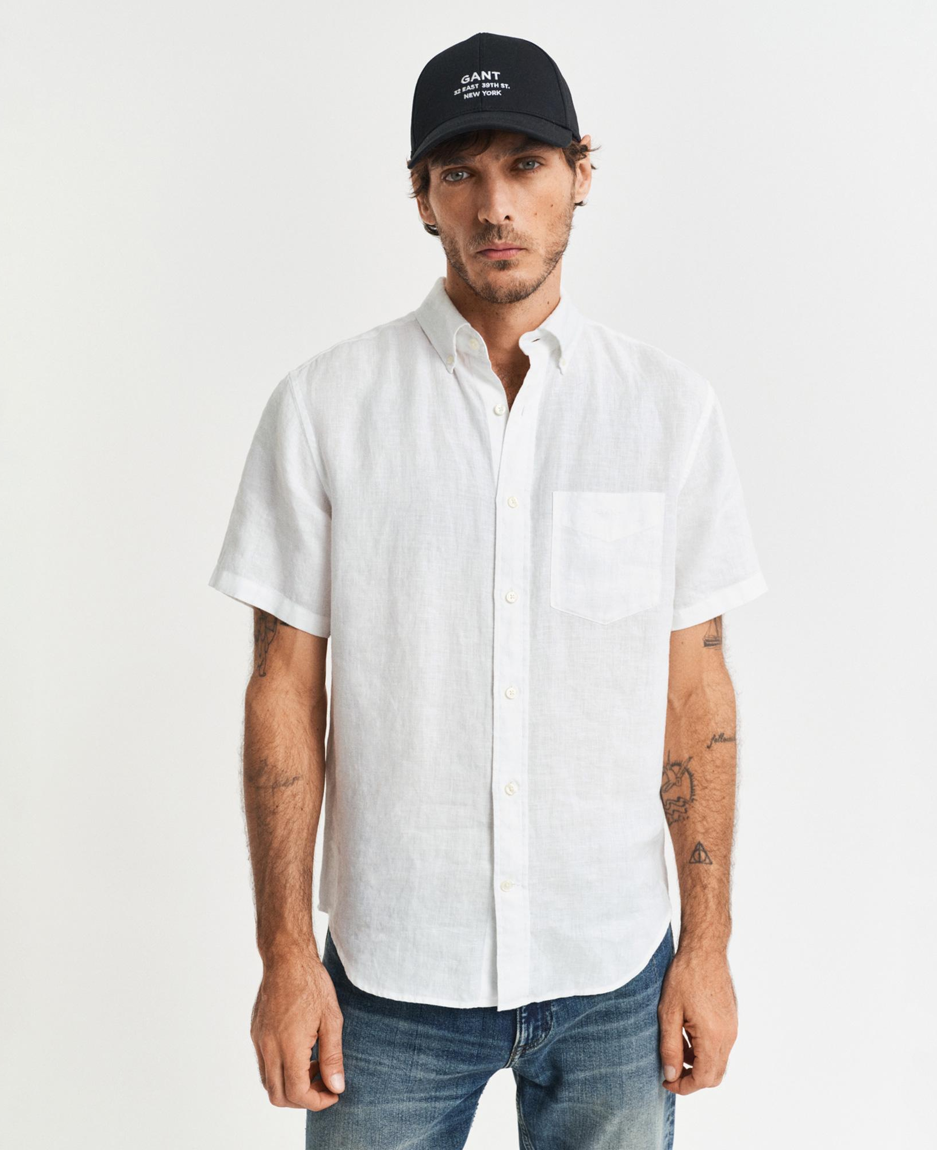 GANT Erkek Beyaz Regular Fit Düğmeli Yaka Keten Gömlek