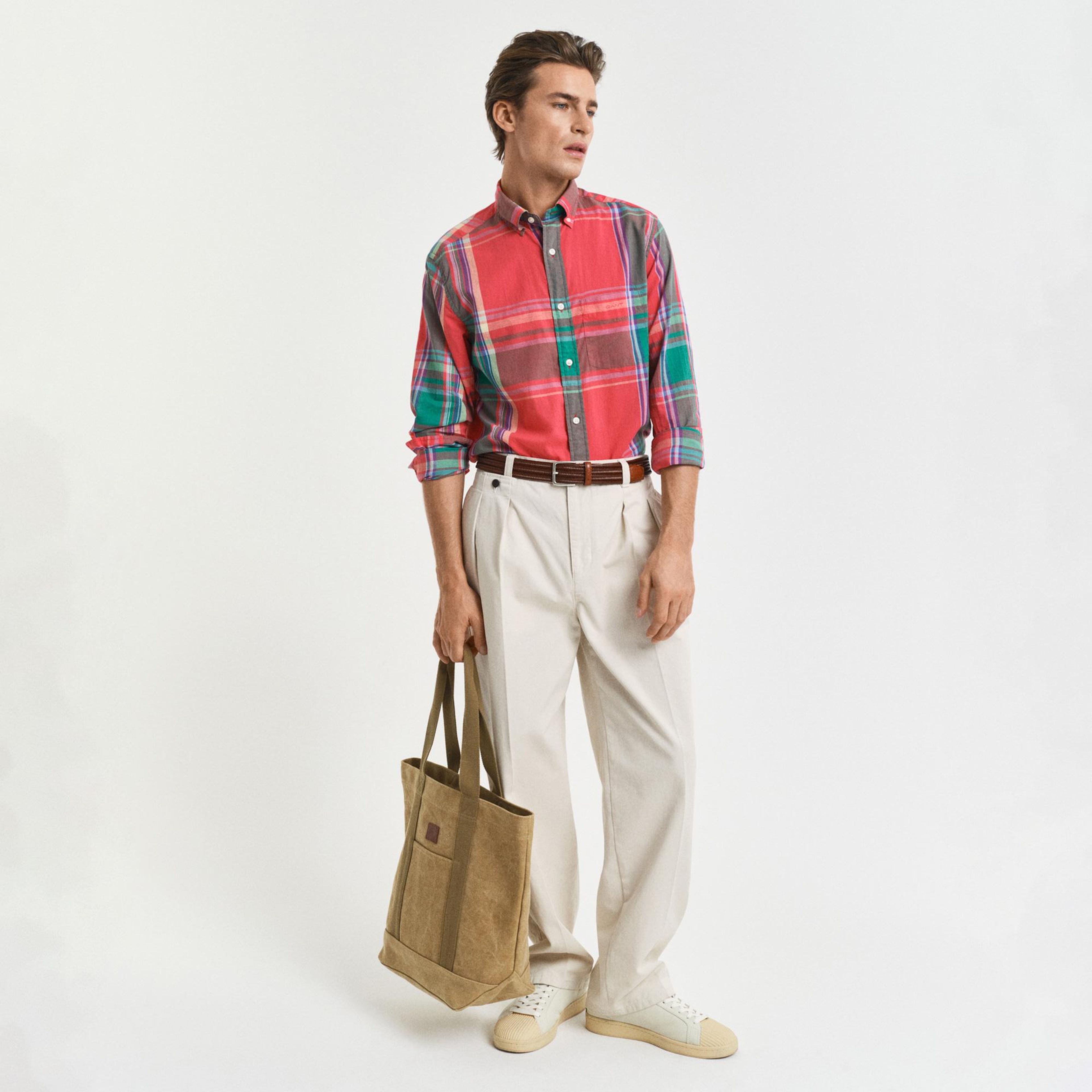 GANT Erkek Kırmızı Regular Fit Düğmeli Yaka Kareli Gömlek