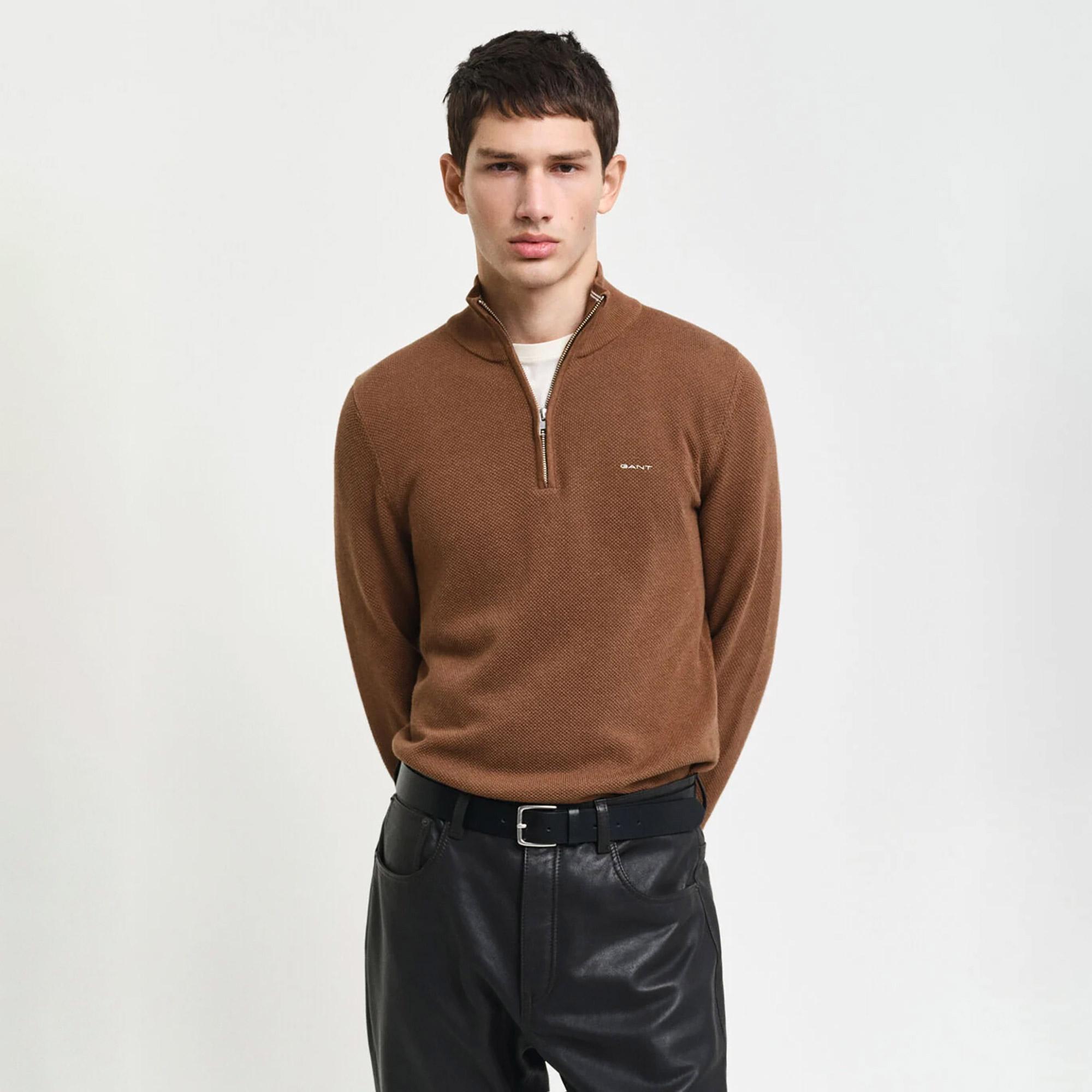 GANT Erkek Kahverengi Regular Fit Yarım Fermuarlı Kazak