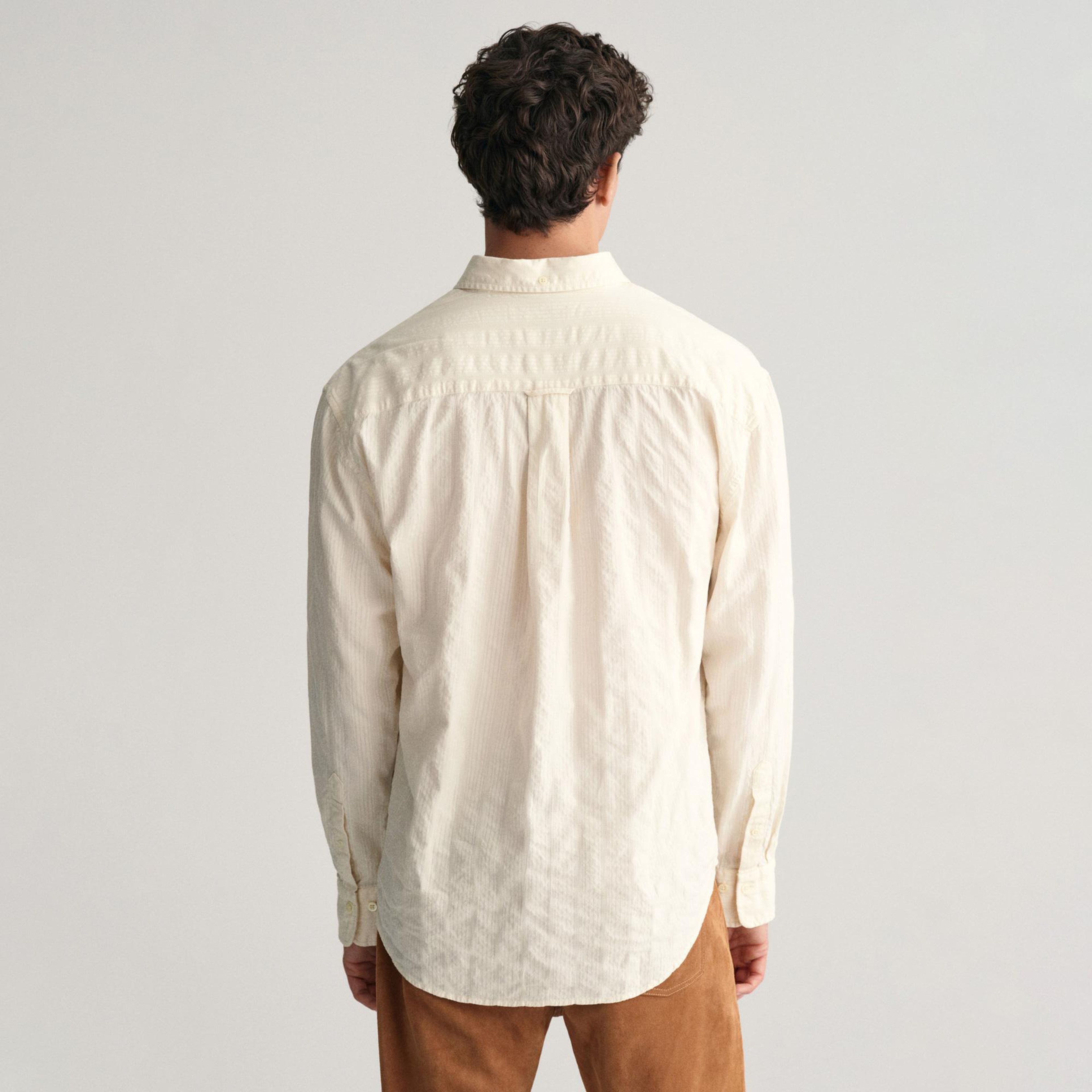 GANT Erkek Bej Relaxed Fit Düğmeli Yaka Çizgili Gömlek