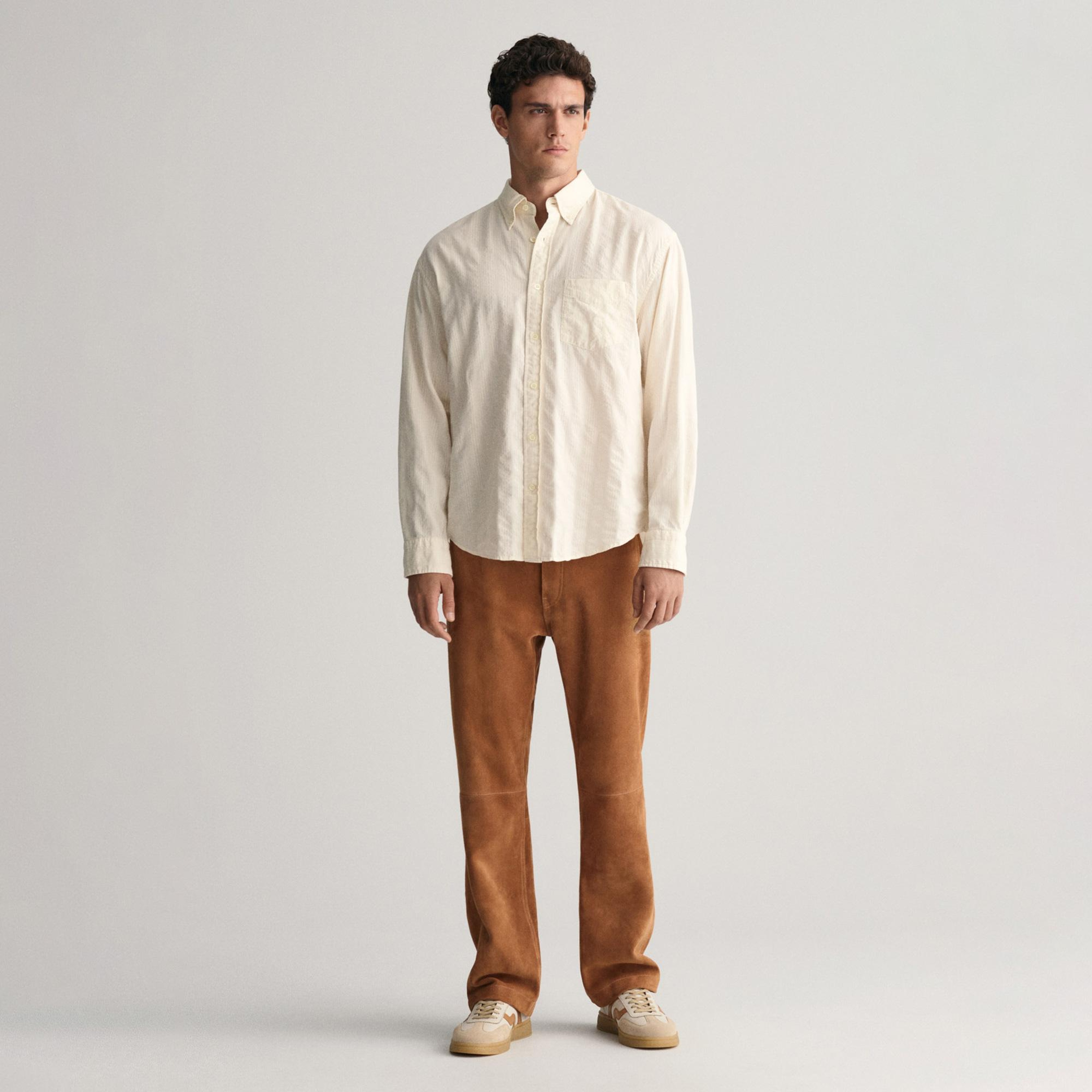 GANT Erkek Bej Relaxed Fit Düğmeli Yaka Çizgili Gömlek