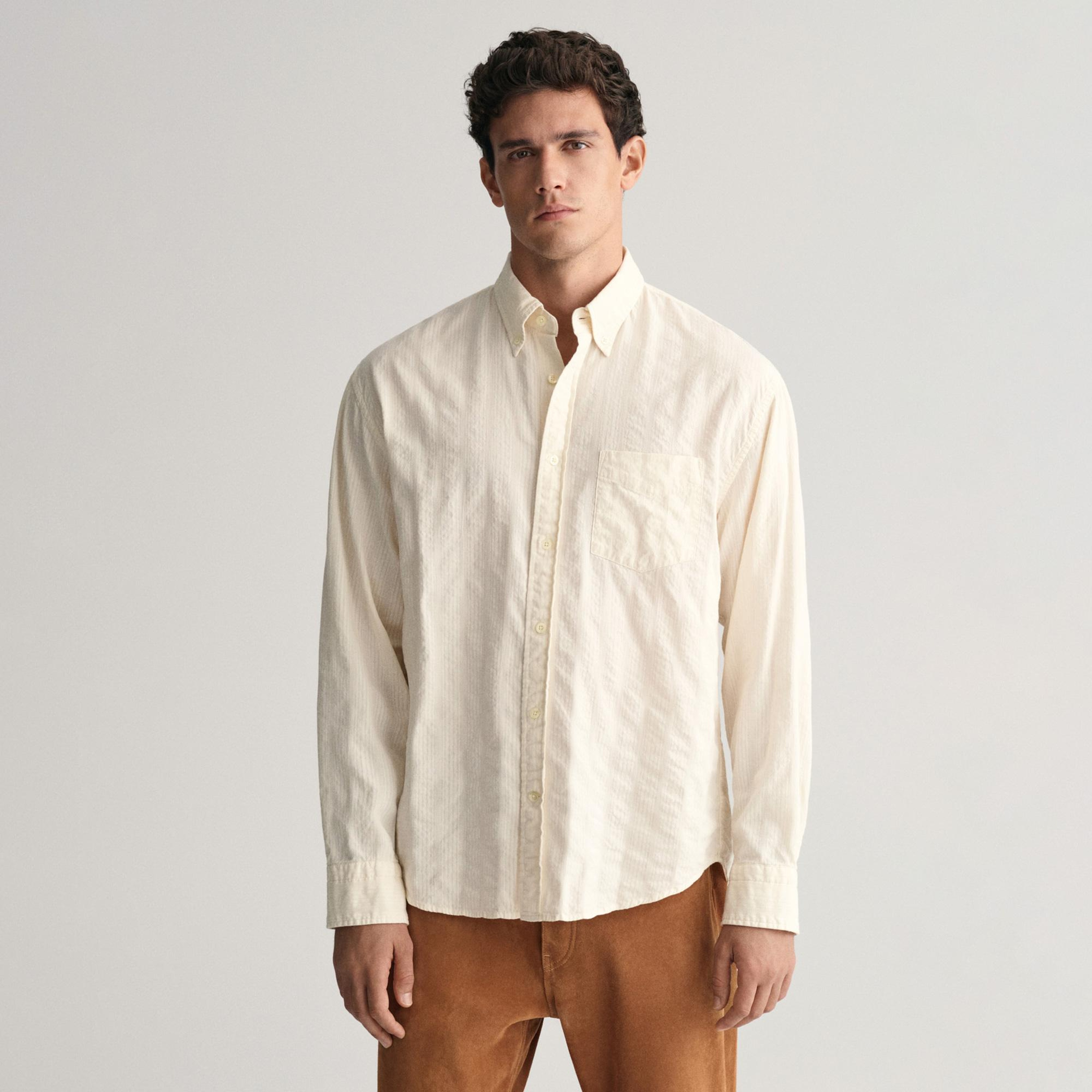 GANT Erkek Bej Relaxed Fit Düğmeli Yaka Çizgili Gömlek