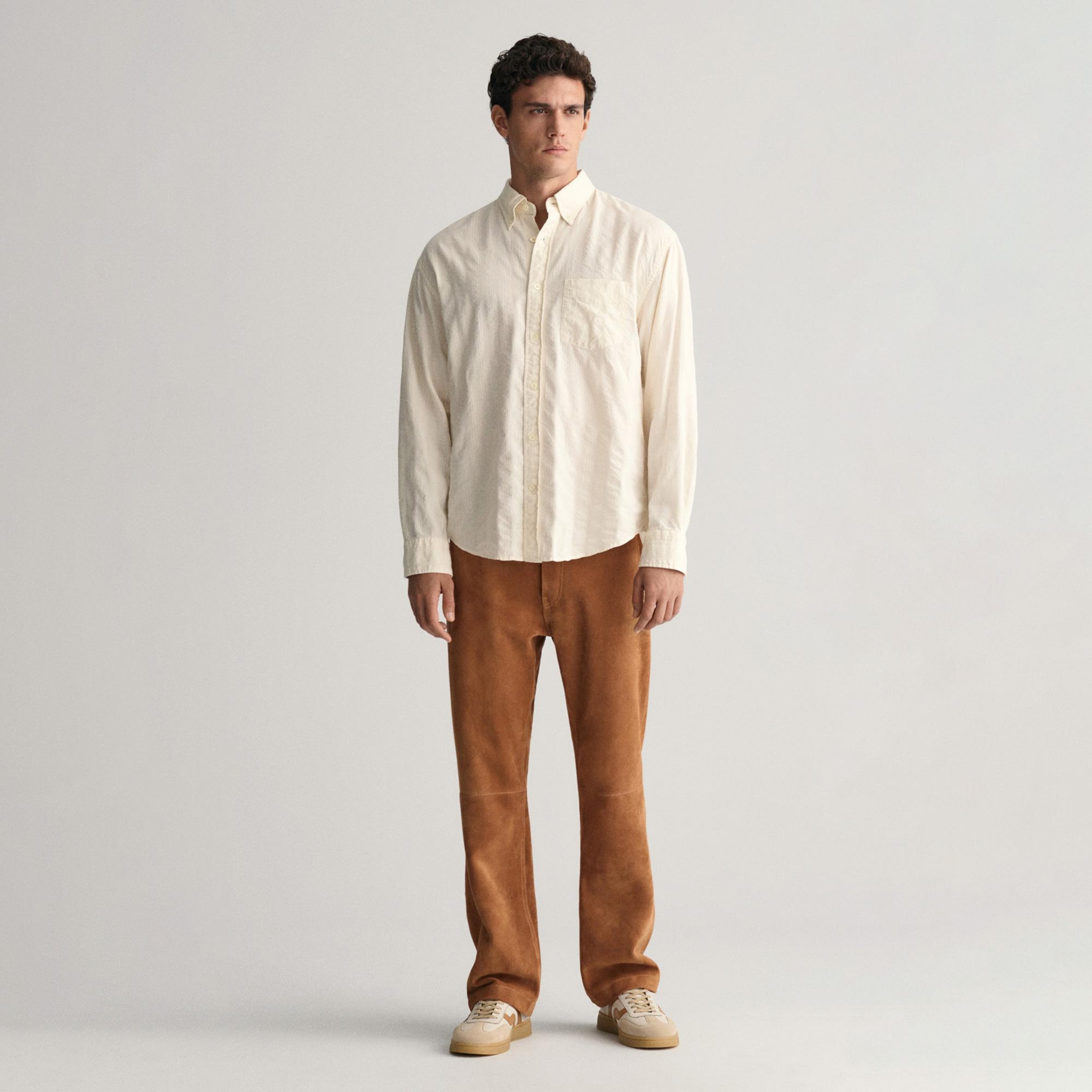 GANT Erkek Bej Relaxed Fit Düğmeli Yaka Çizgili Gömlek