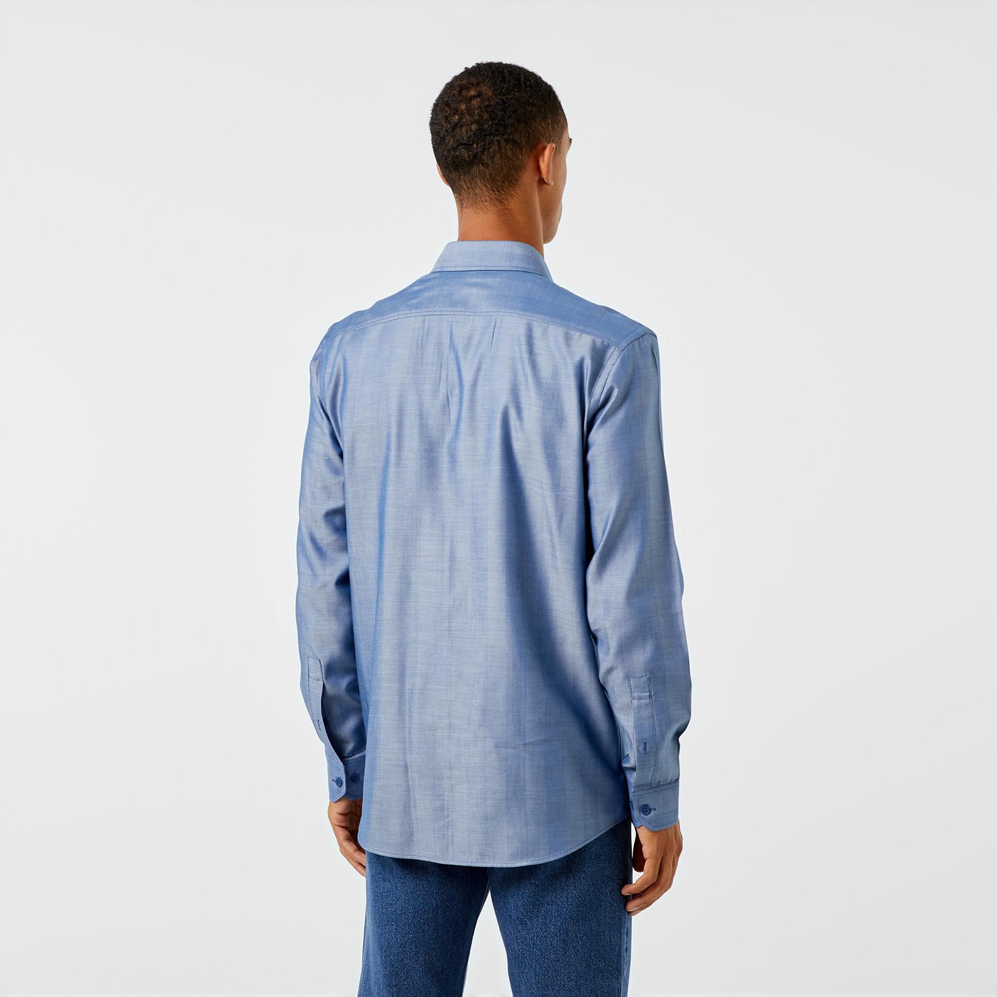 Erkek Slim Fit Düğmeli Yaka Koyu Mavi Gömlek