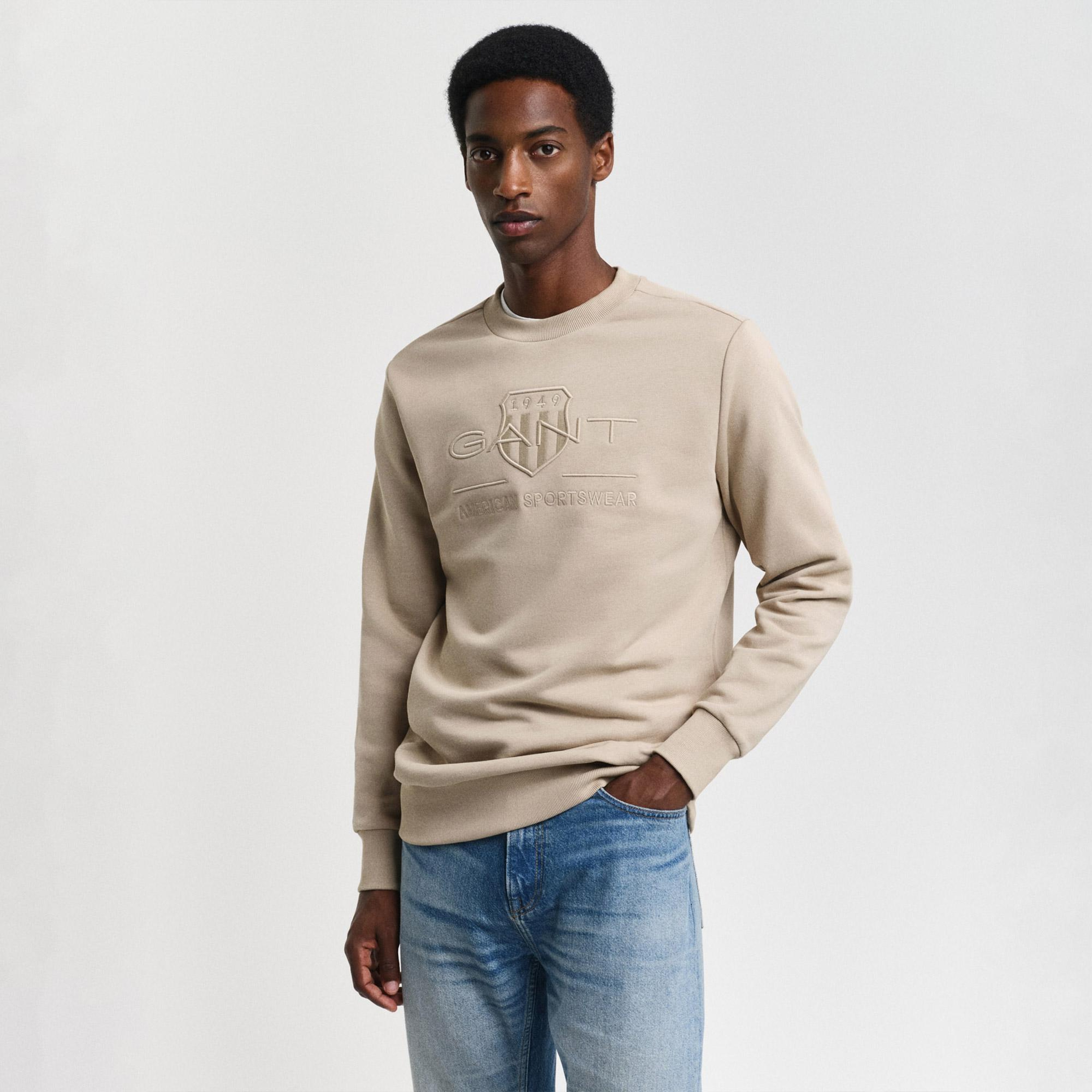 GANT Erkek Bej Regular Fit Bisiklet Yaka Logolu Sweatshirt