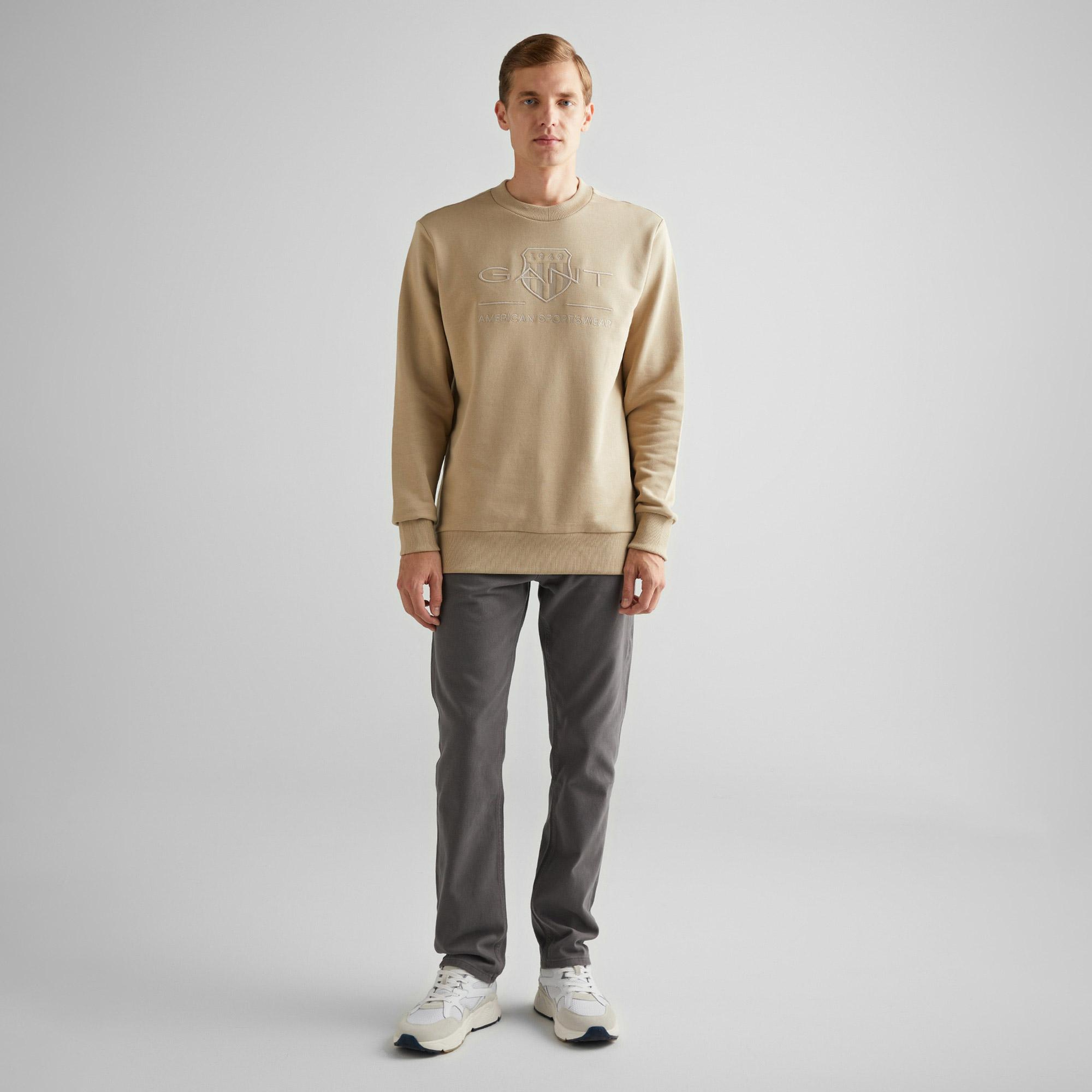 GANT Erkek Bej Regular Fit Bisiklet Yaka Logolu Sweatshirt