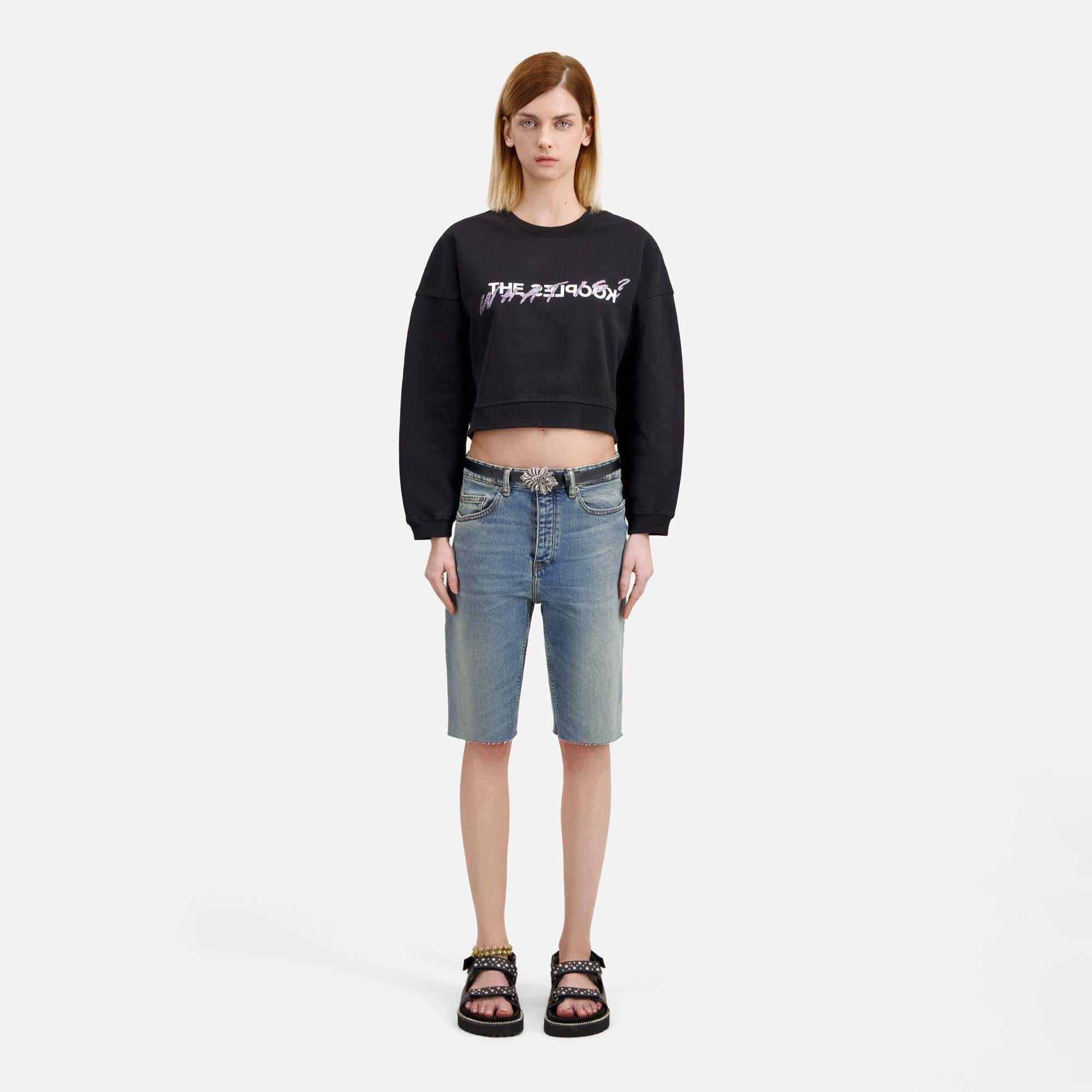 KADIN BASKILI BİSİKLET YAKA SİYAH CROP SWEATSHIRT