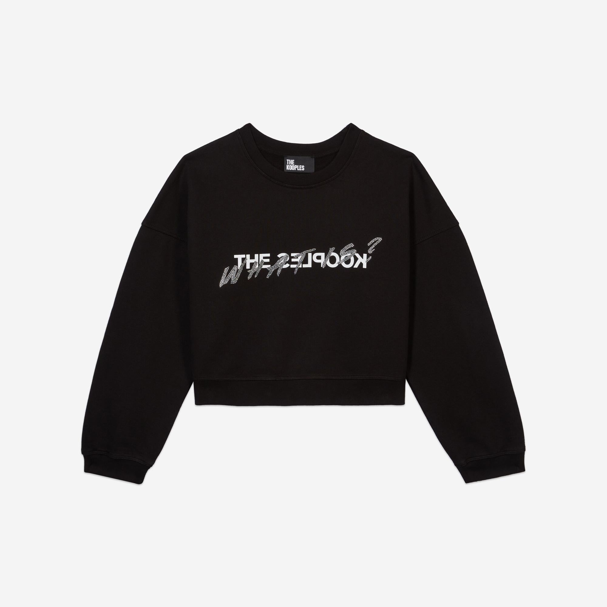 KADIN BASKILI BİSİKLET YAKA SİYAH CROP SWEATSHIRT