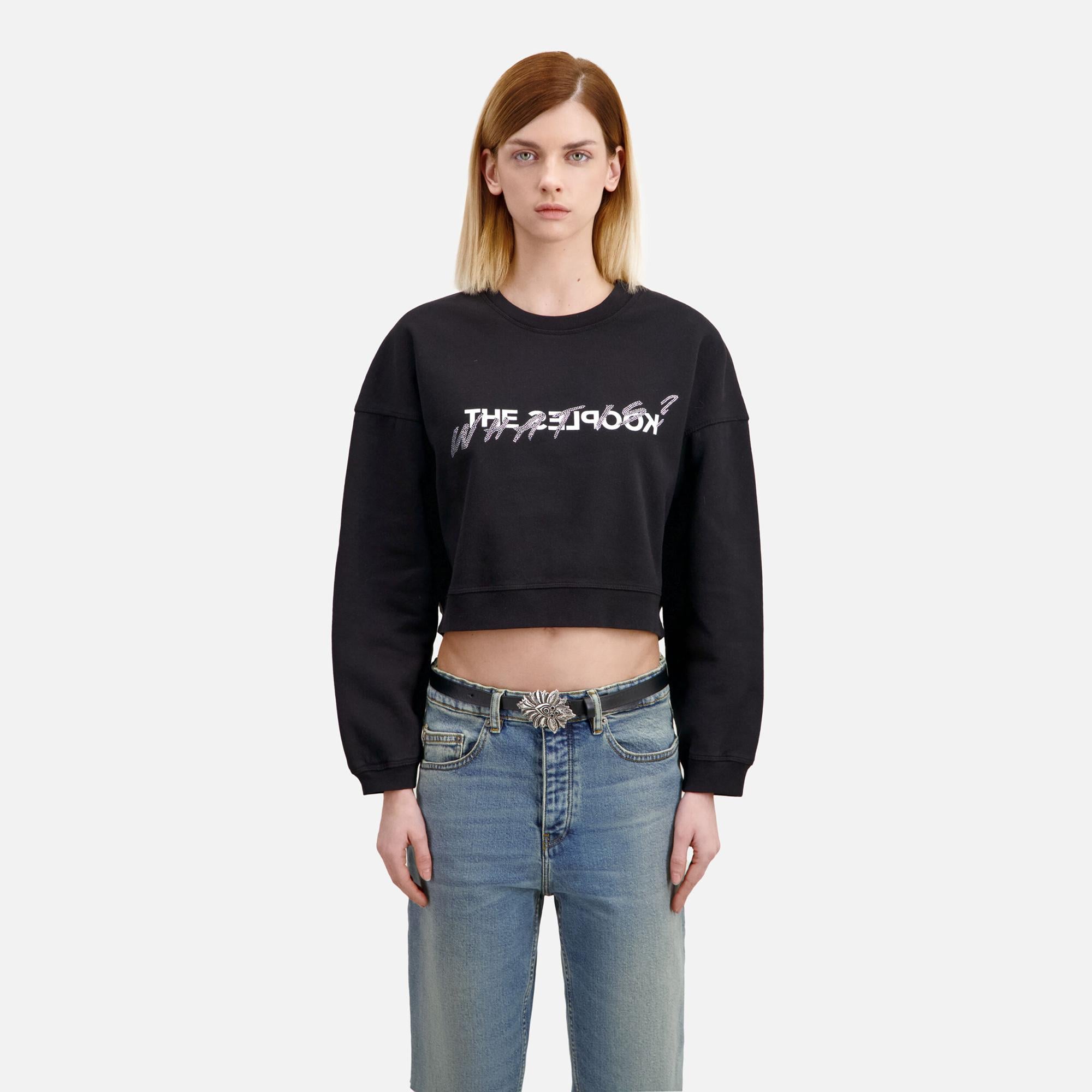 KADIN BASKILI BİSİKLET YAKA SİYAH CROP SWEATSHIRT
