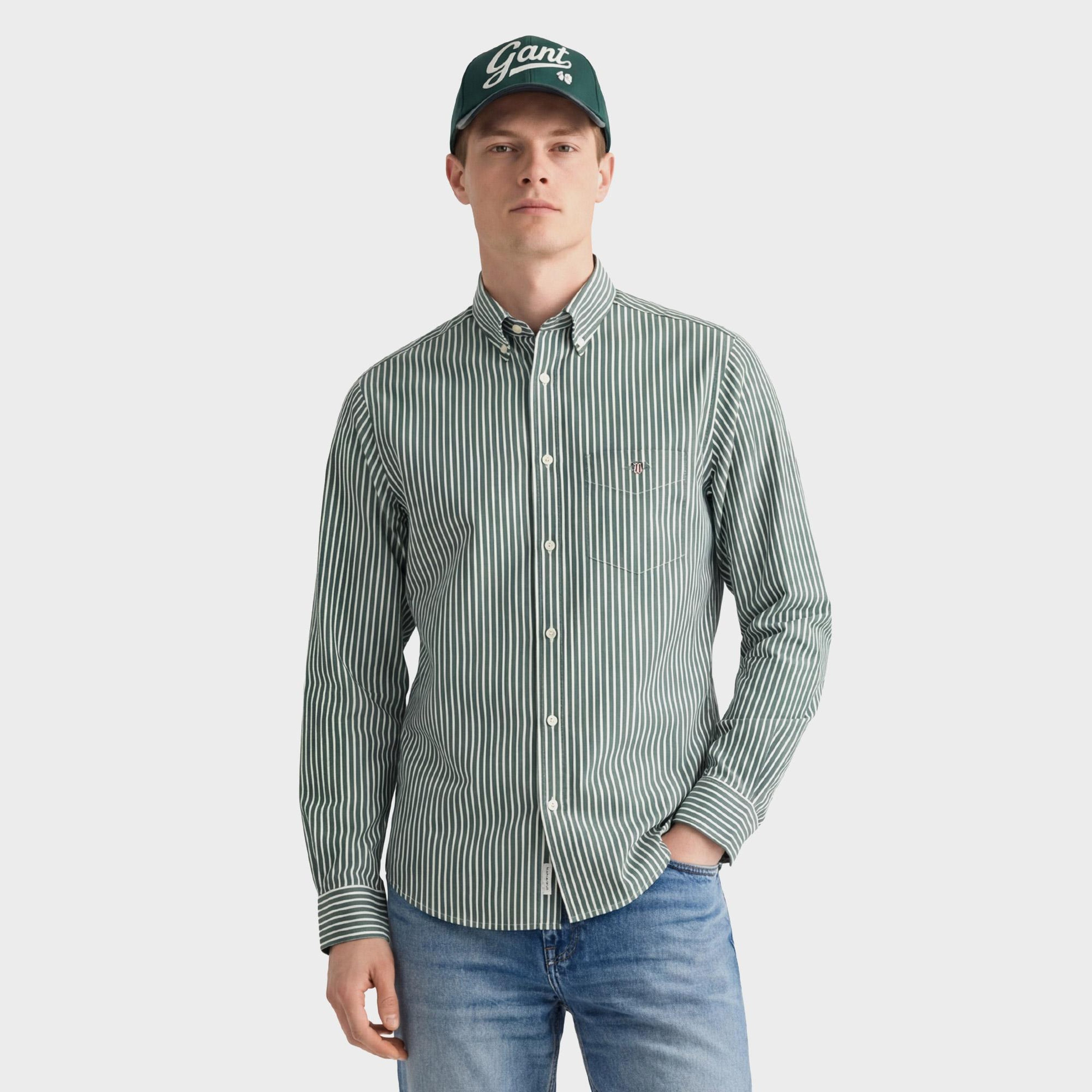 GANT Erkek Yeşil Regular Fit Düğmeli Yaka Çizgili Poplin Gömlek