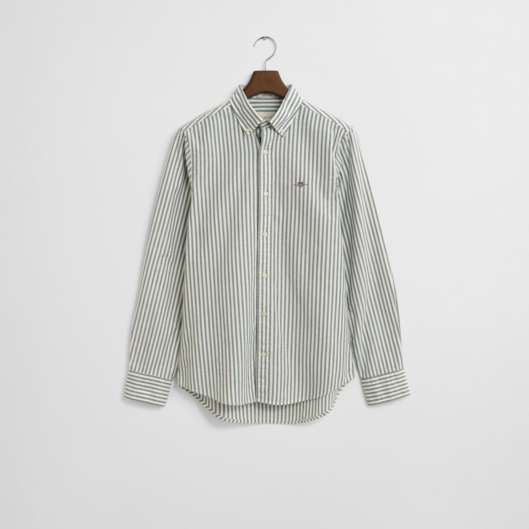 GANT Erkek Yeşil Slim Fit Düğmeli Yaka Çizgili Oxford Gömlek