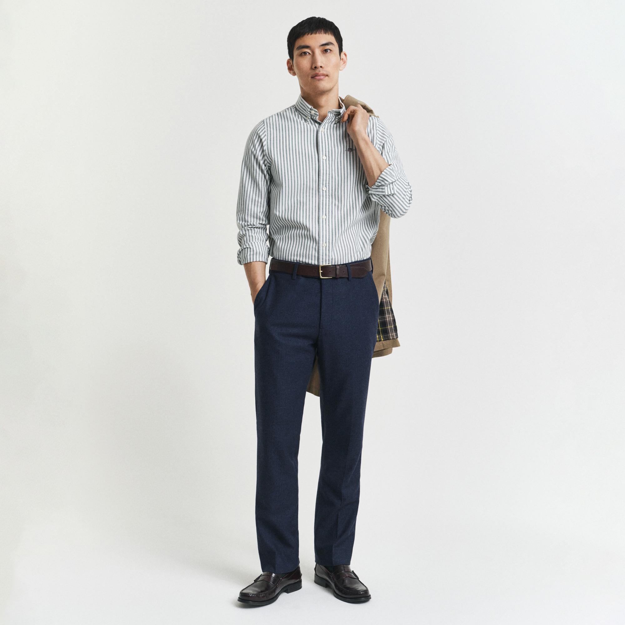 GANT Erkek Yeşil Slim Fit Düğmeli Yaka Çizgili Oxford Gömlek