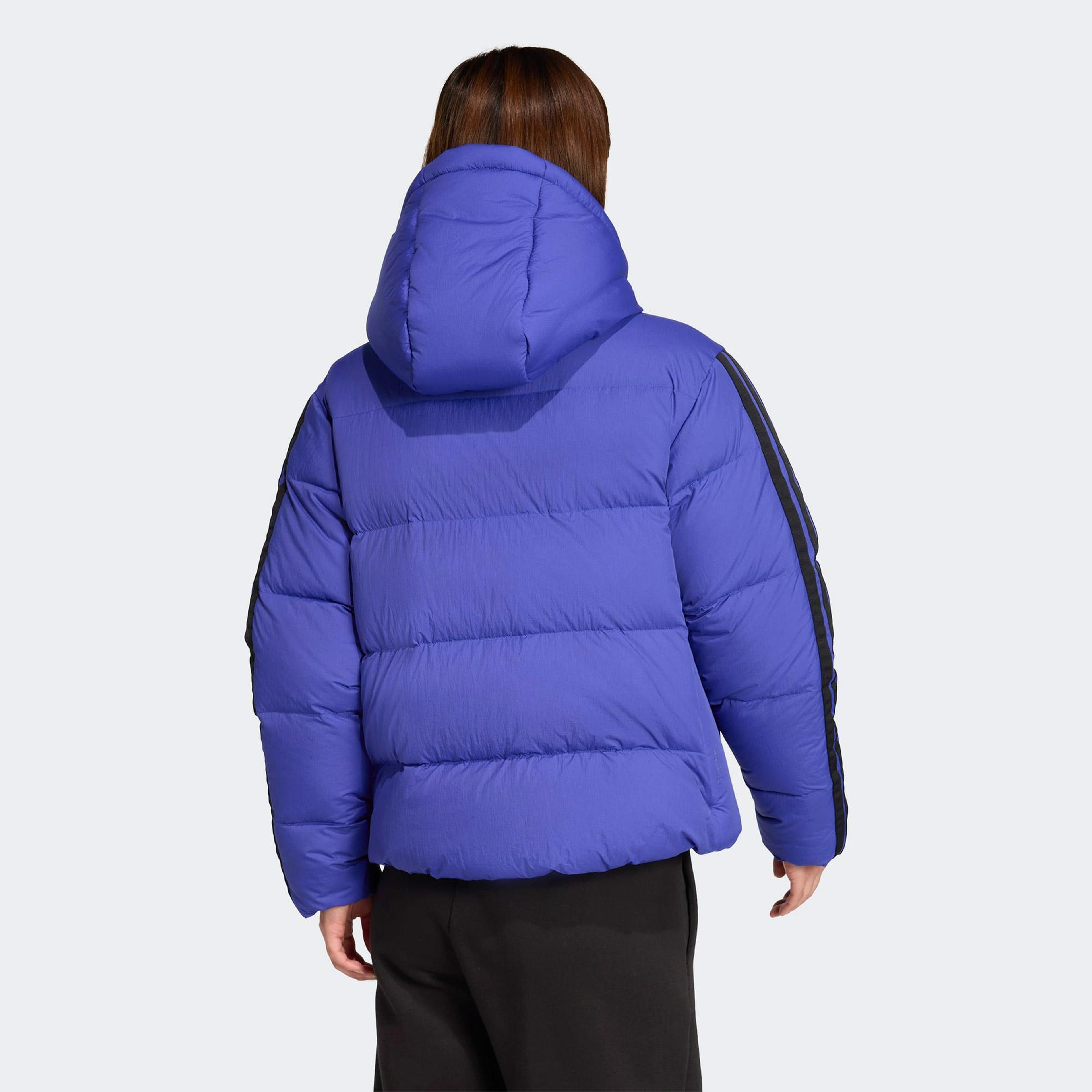 adidas Essentials Climawarm 3 Stripes Puffer Down Kapüşonlu Kadın Mavi Outdoor Montu