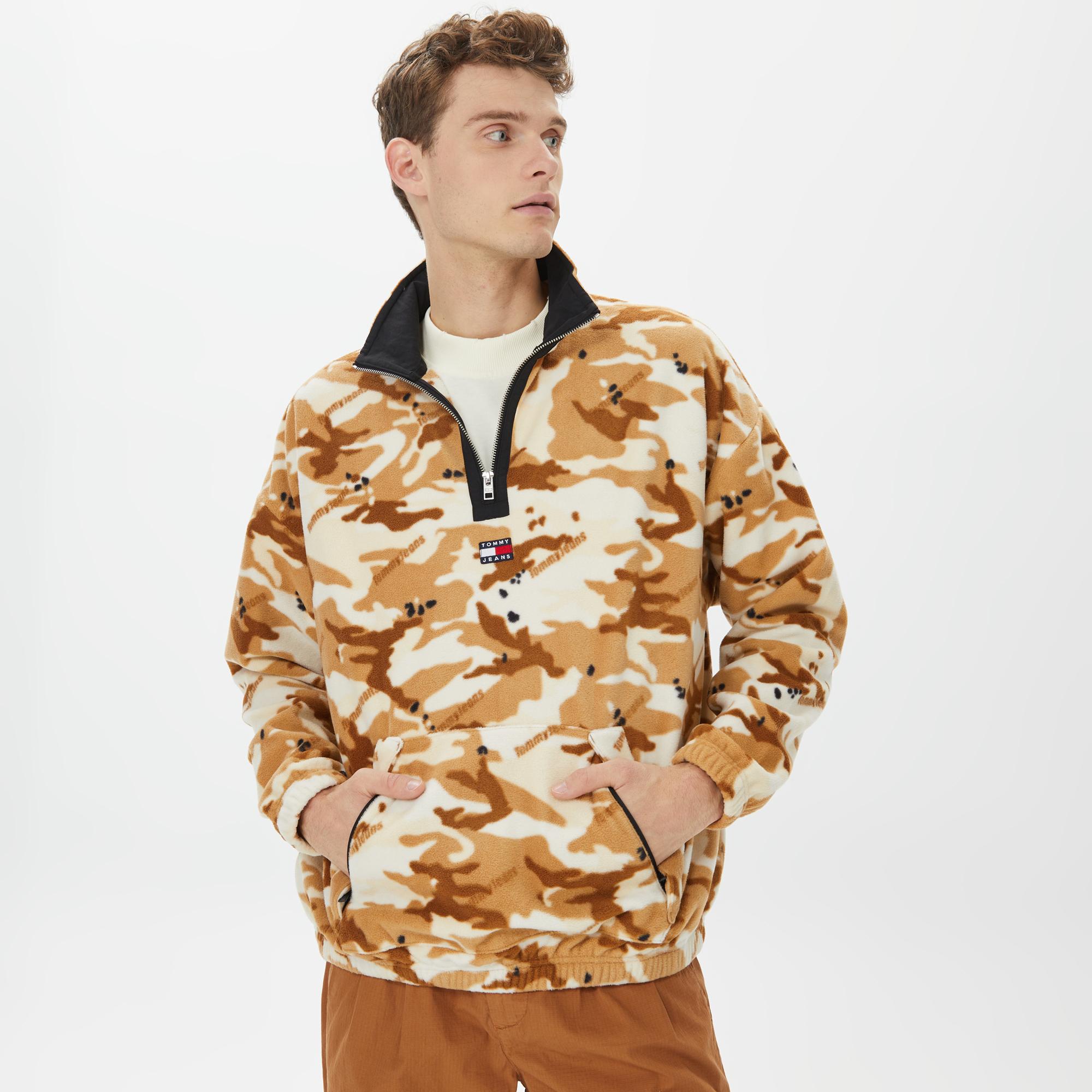 Tommy Hilfiger Oversize Camo 1/2 Zıp Fleece Erkek Bej Sweatshirt