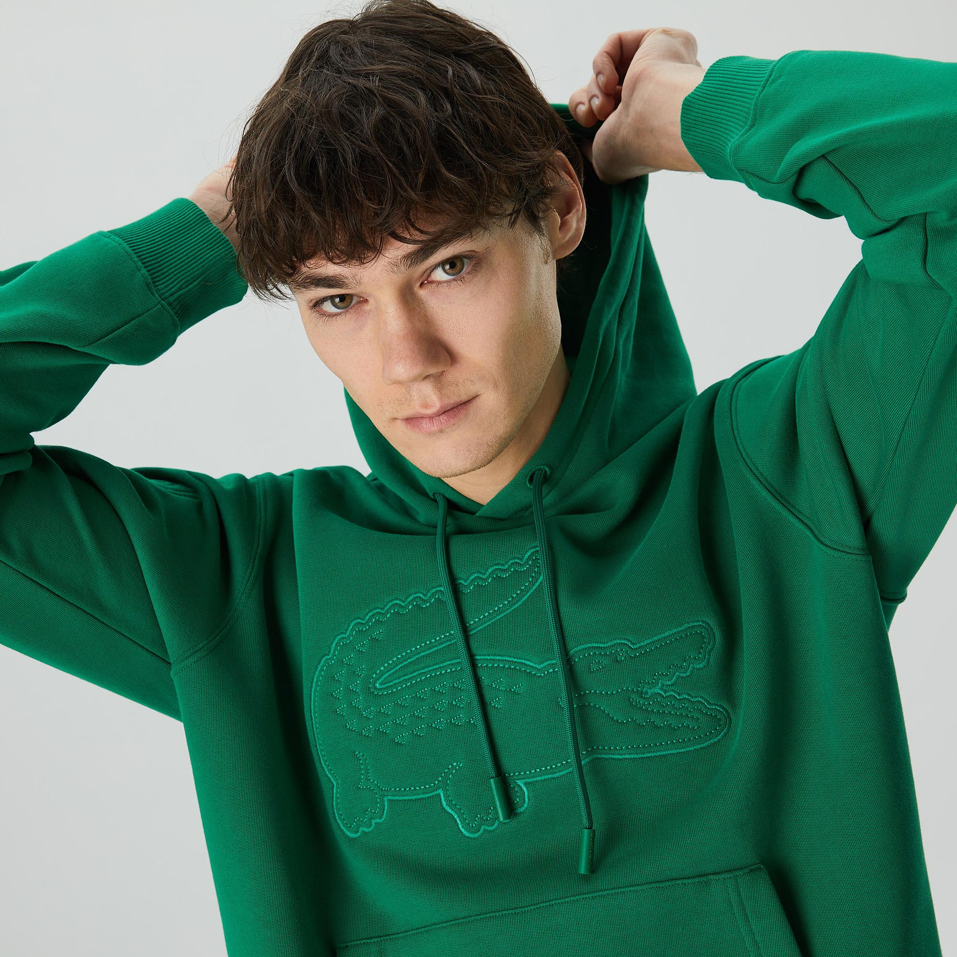 Erkek Relaxed Fit Kapüşonlu Baskılı Yeşil Sweatshirt