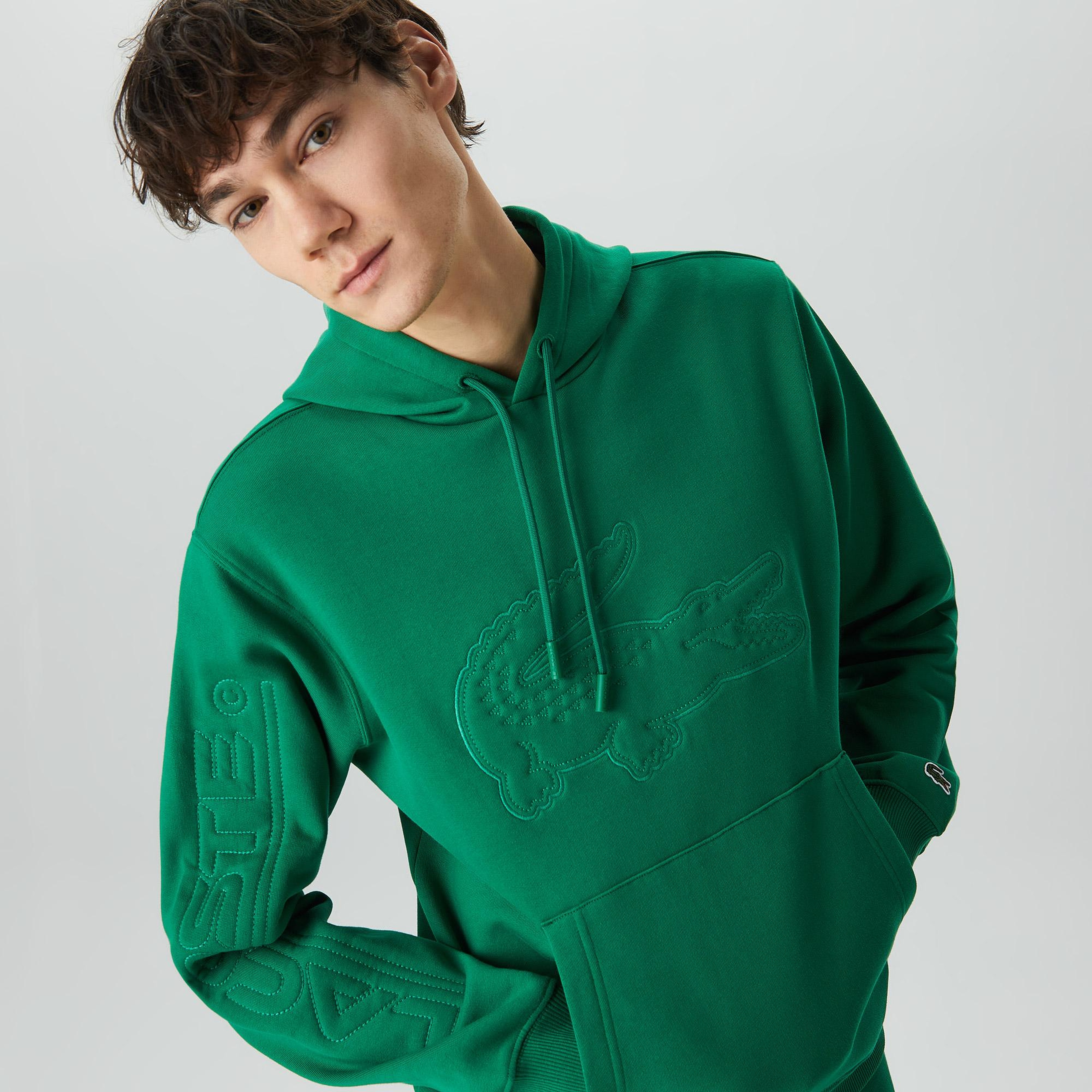 Erkek Relaxed Fit Kapüşonlu Baskılı Yeşil Sweatshirt