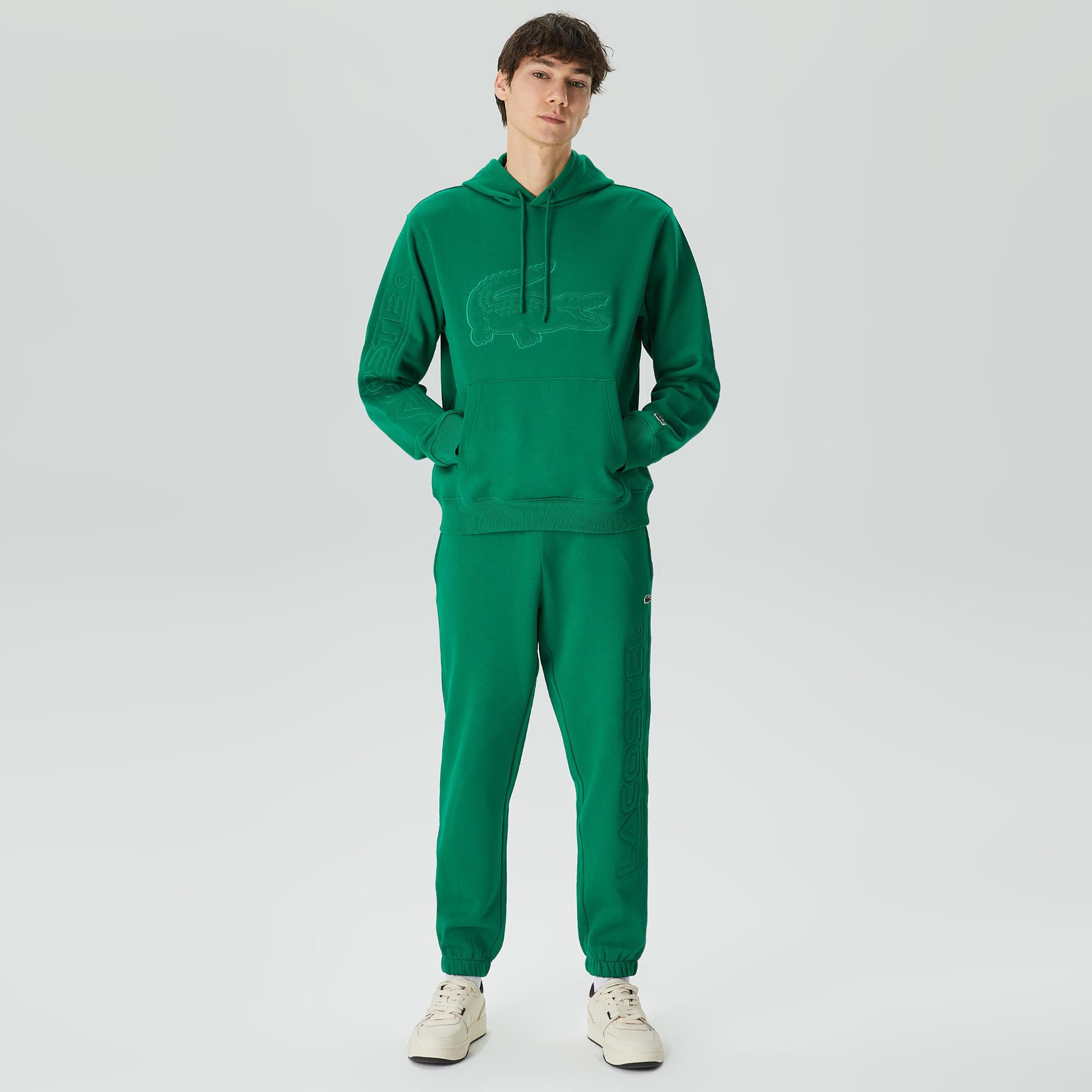 Erkek Relaxed Fit Kapüşonlu Baskılı Yeşil Sweatshirt