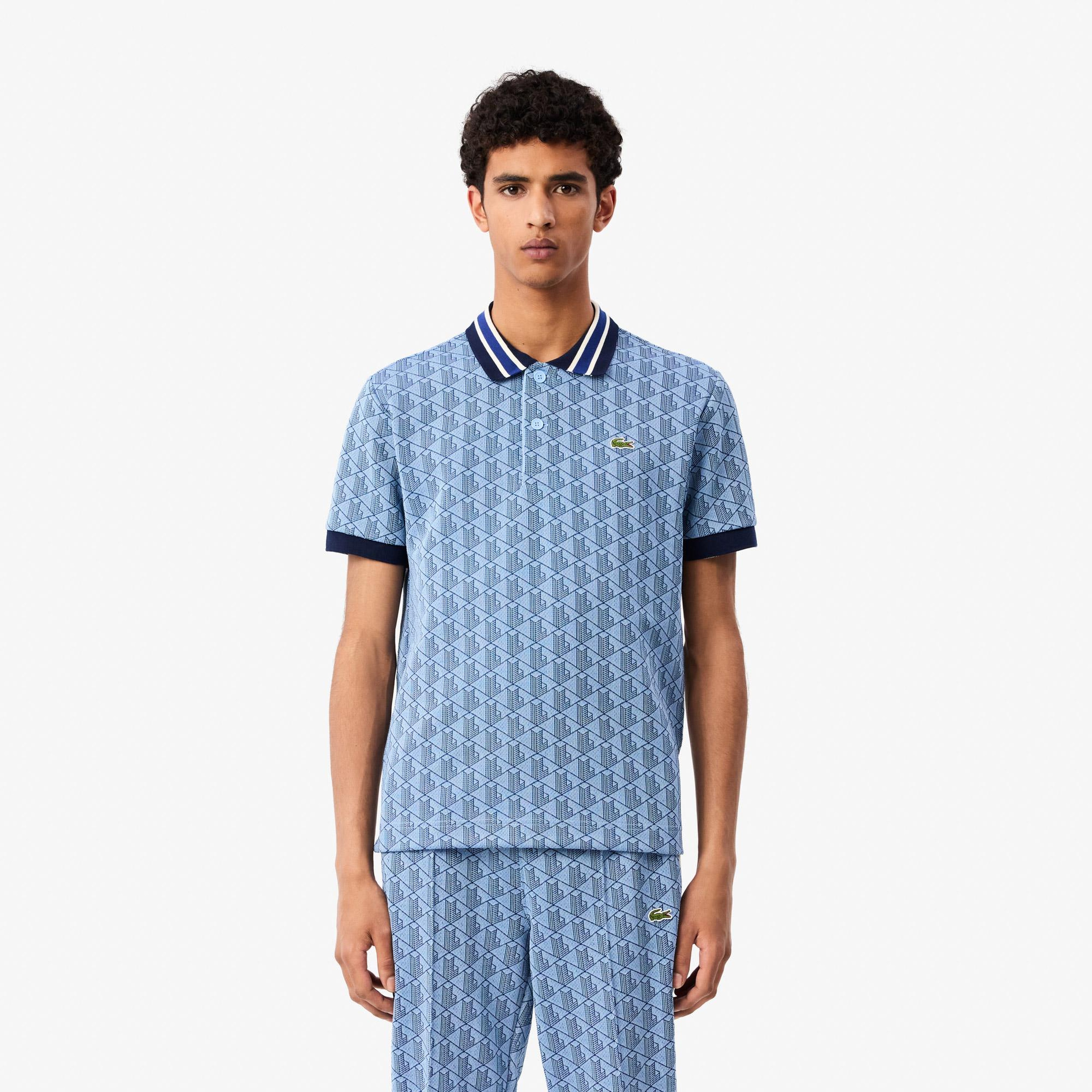 Lacoste Classic Fit Contrast Collar Monogram Erkek Mavi Polo