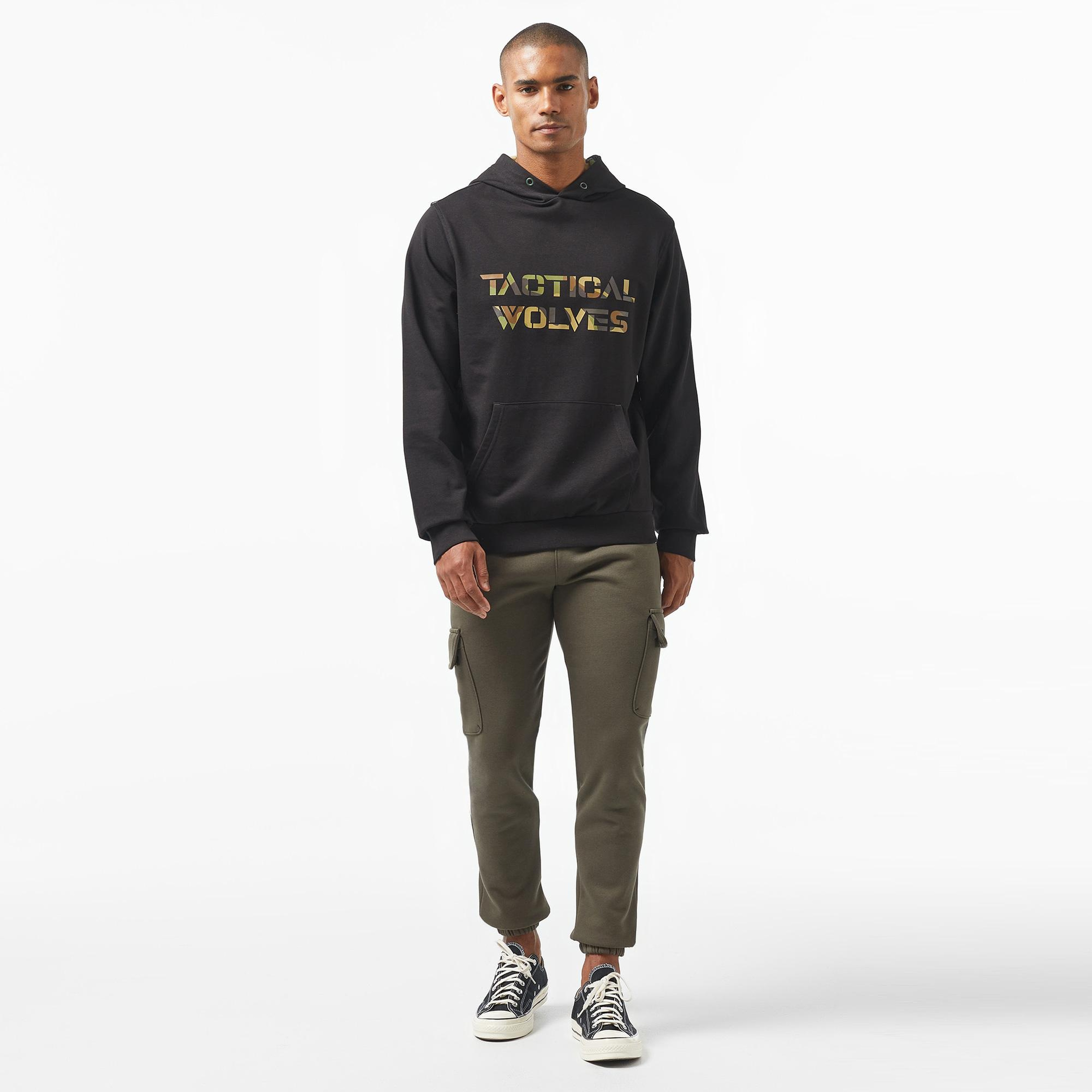 Tactical Wolves Oversize Kamuflaj Desenli Erkek Siyah Sweatshirt