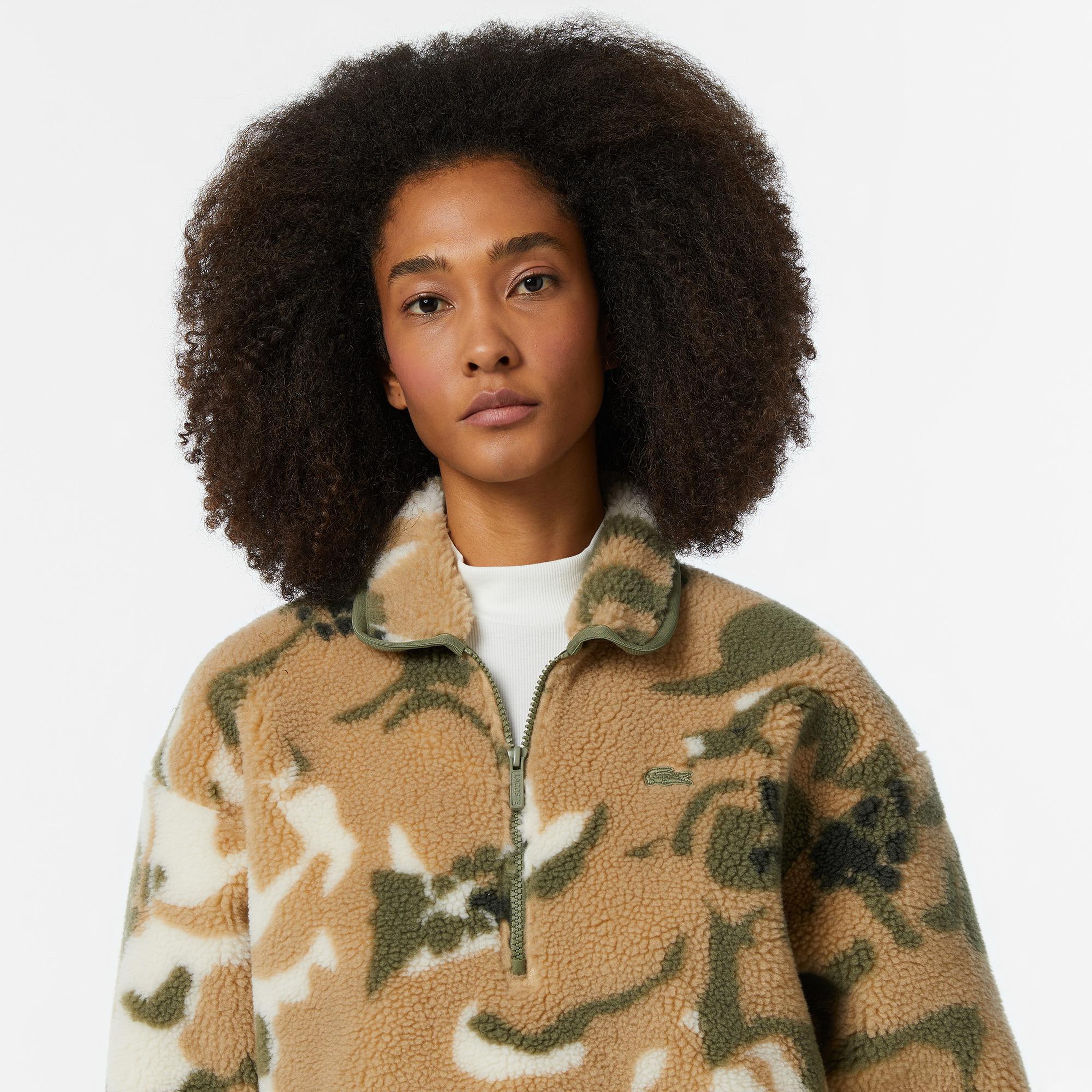 Kadın Oversize Fit Yarım Fermuarlı Haki Sweatshirt