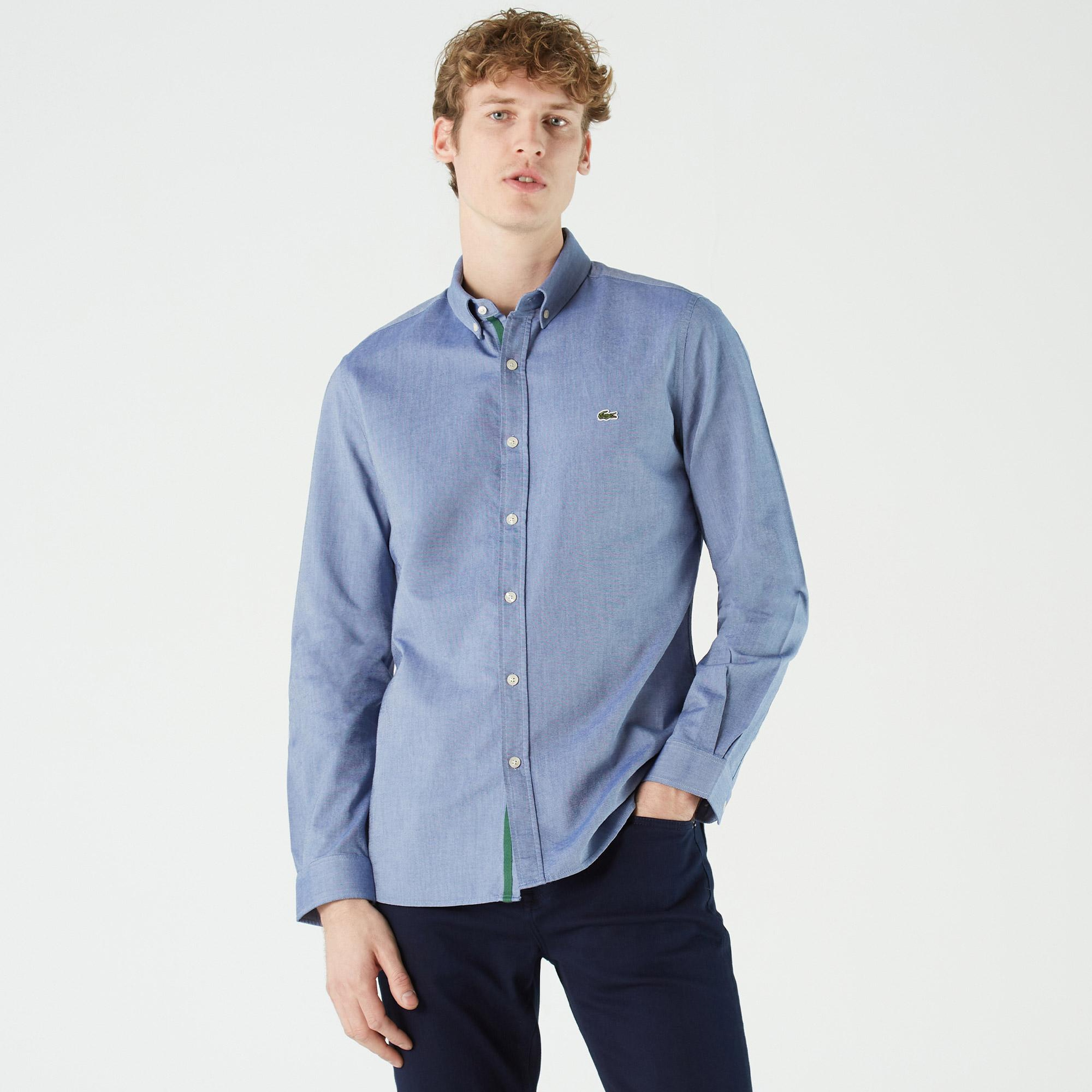 Erkek Slim Fit Düğmeli Yaka Lacivert Gömlek