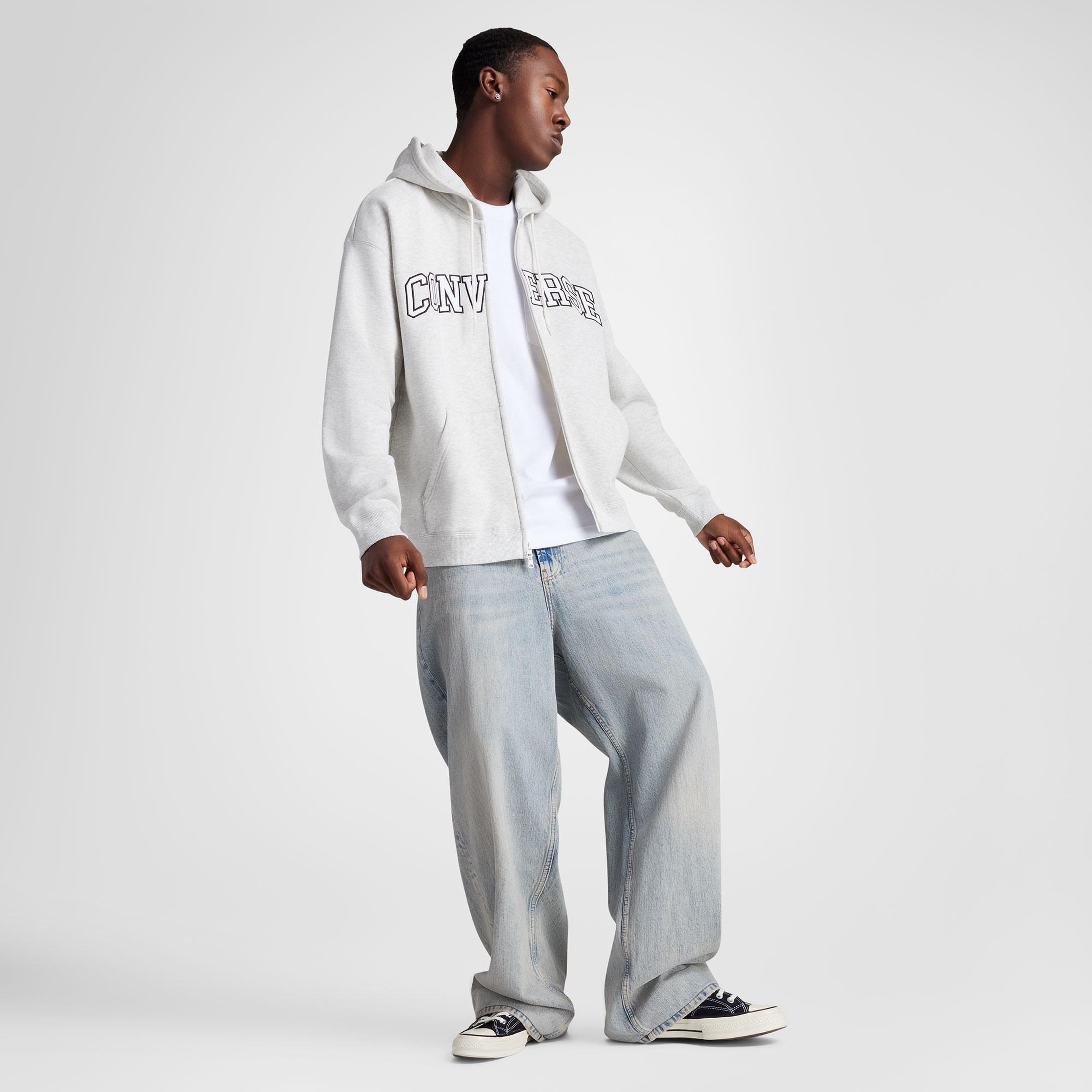 Converse Classic Erkek Fermuarlı Gri Hoodie