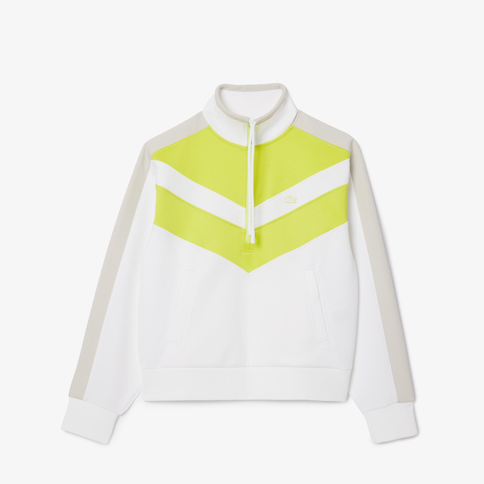 Kadın Relaxed Fit Yarım Fermuarlı Renk Bloklu Beyaz Sweatshirt