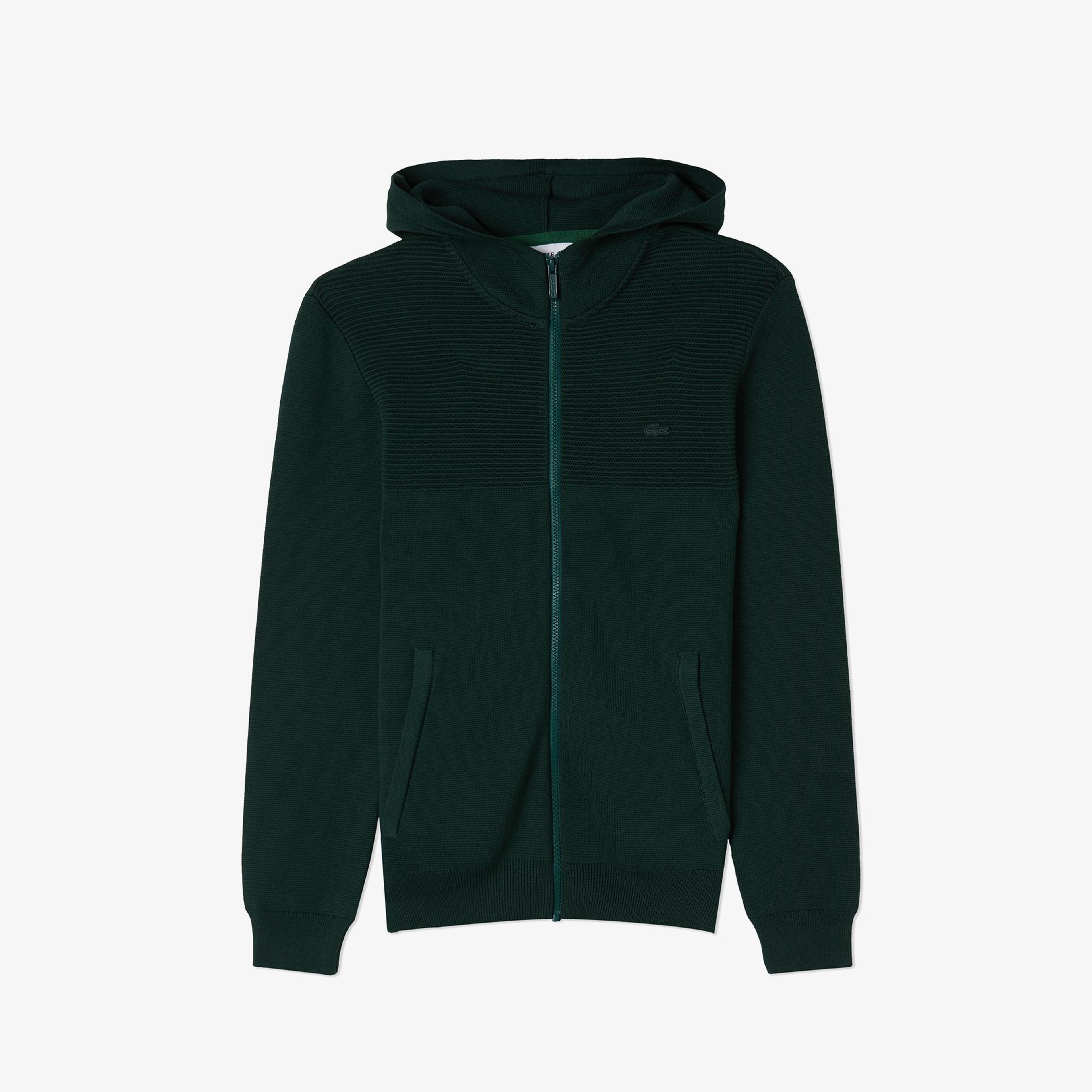 Erkek Regular Fit Uzun Kollu Kapüşonlu Desenli Koyu Yeşil Triko