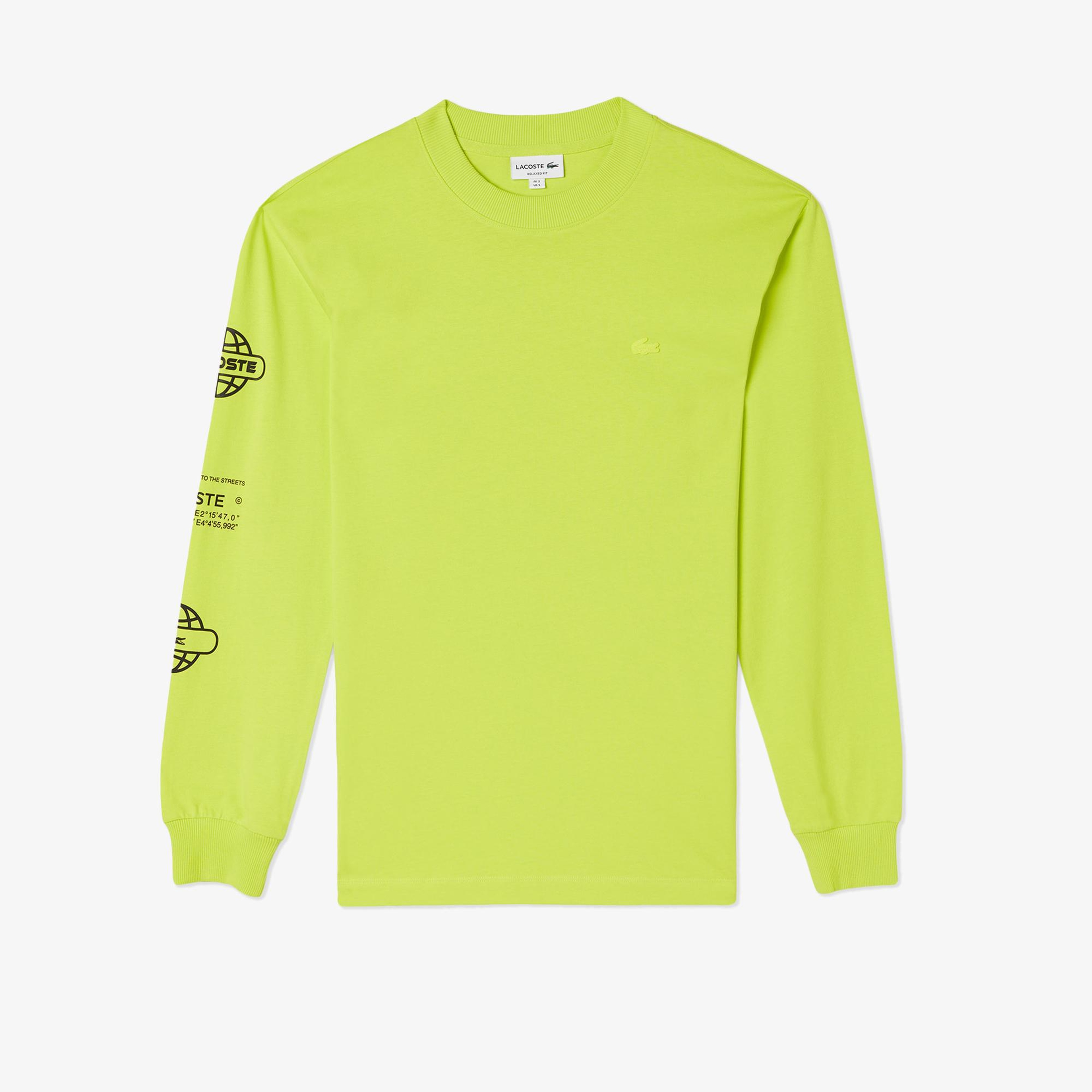 Erkek Relaxed Fit Uzun Kollu Bisiklet Yaka Baskılı Sarı T-Shirt