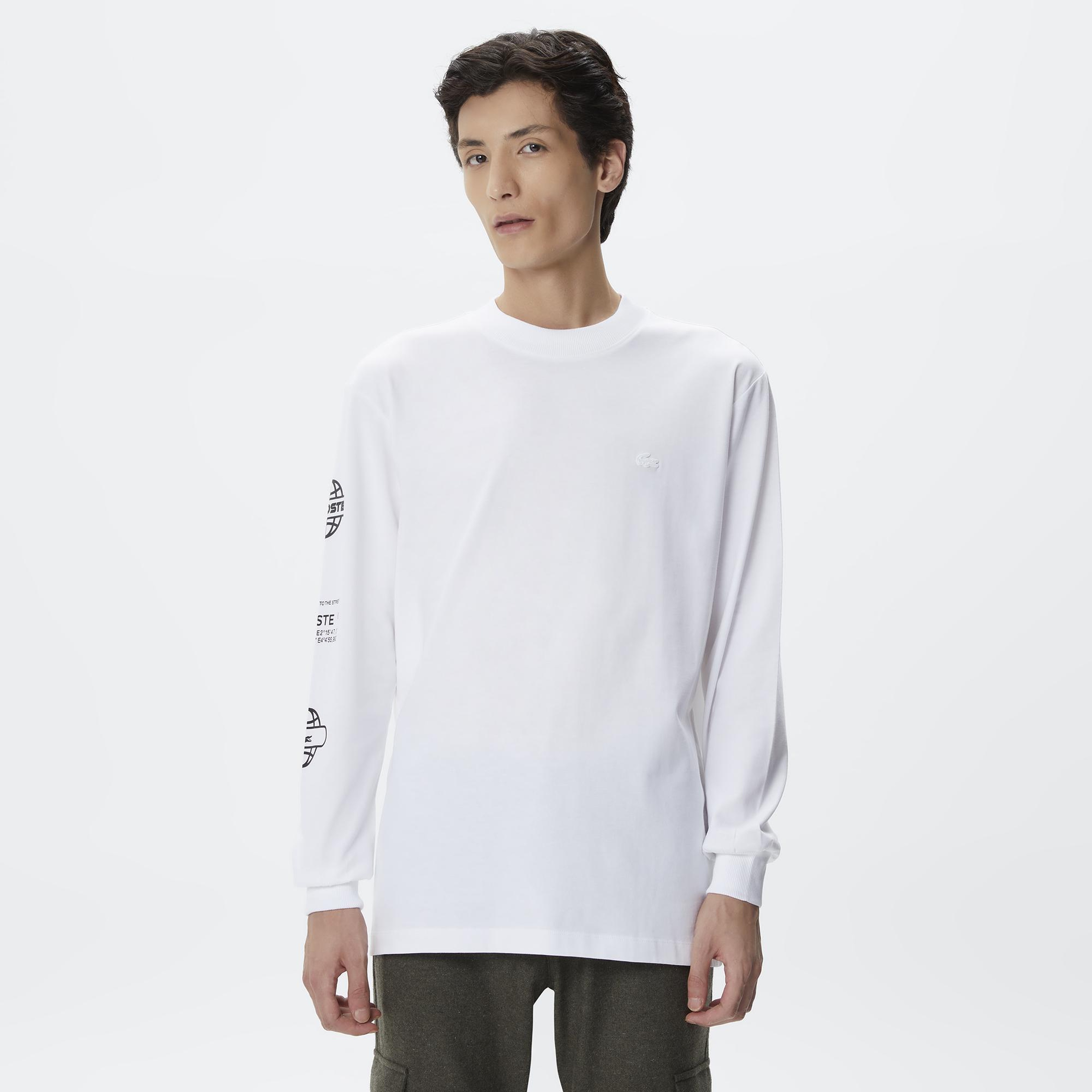 Erkek Relaxed Fit Uzun Kollu Bisiklet Yaka Baskılı Beyaz T-Shirt