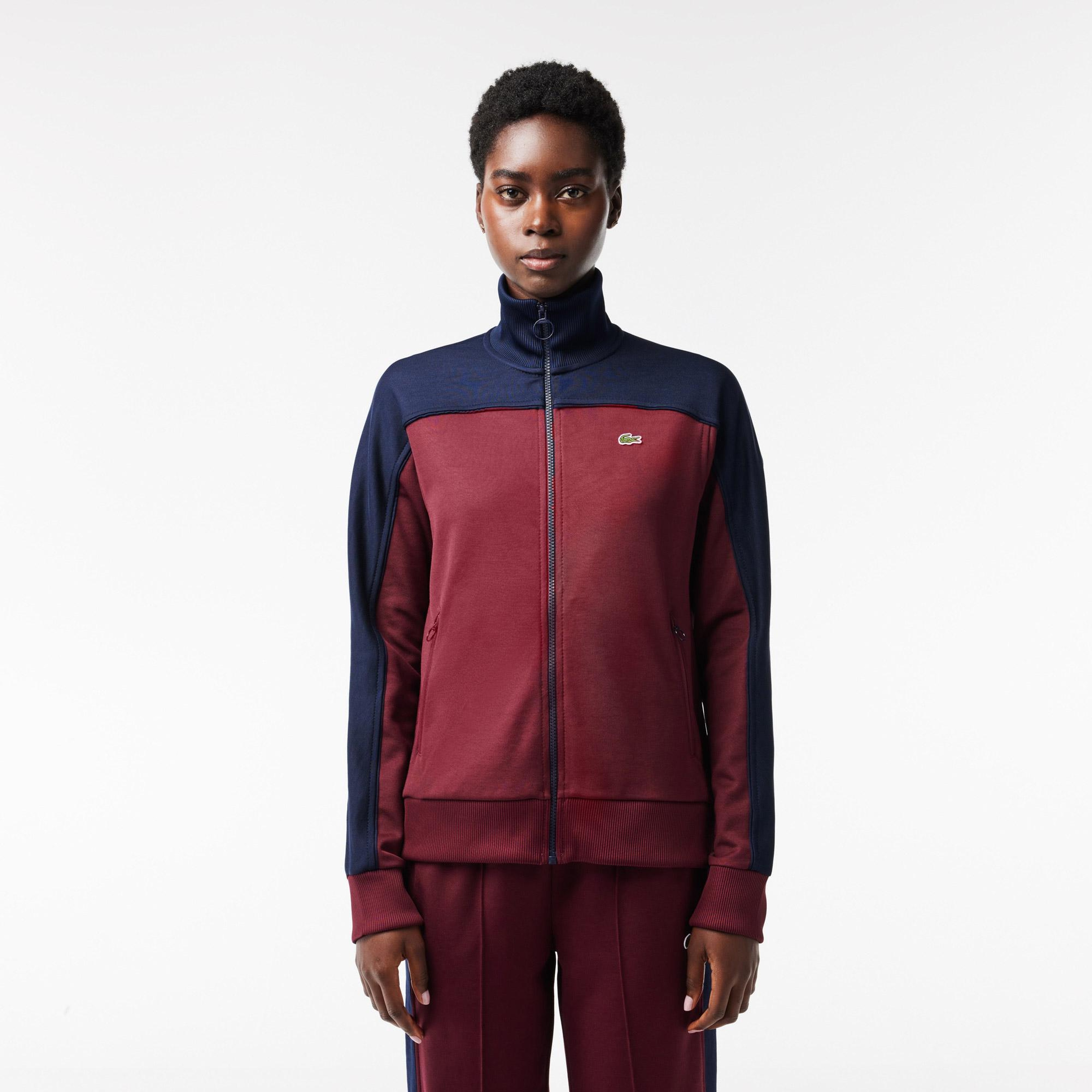 Kadın Regular Fit Fermuarlı Renk Bloklu Bordo Sweatshirt