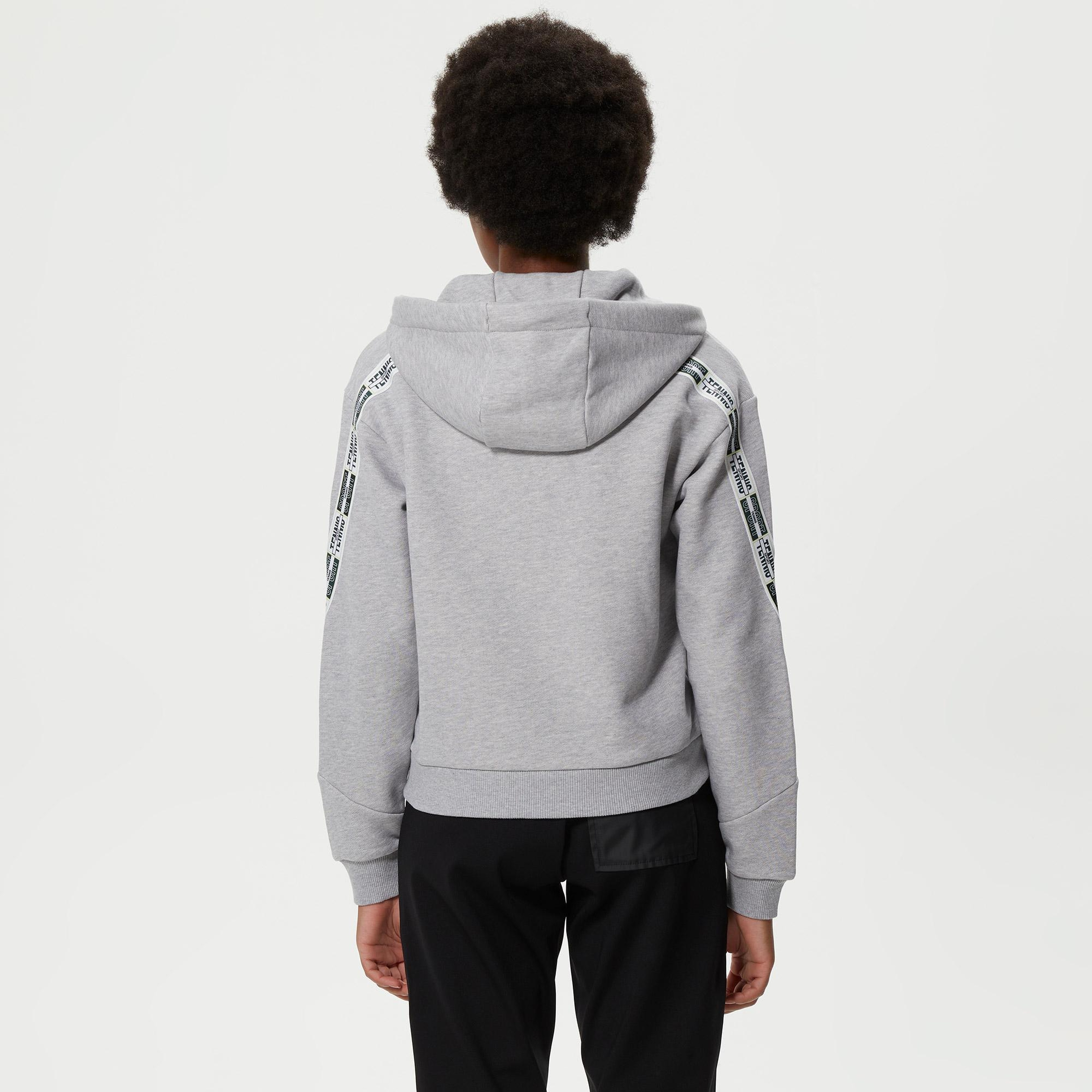 Kadın Crop Fit Kapüşonlu Baskılı Gri Sweatshirt