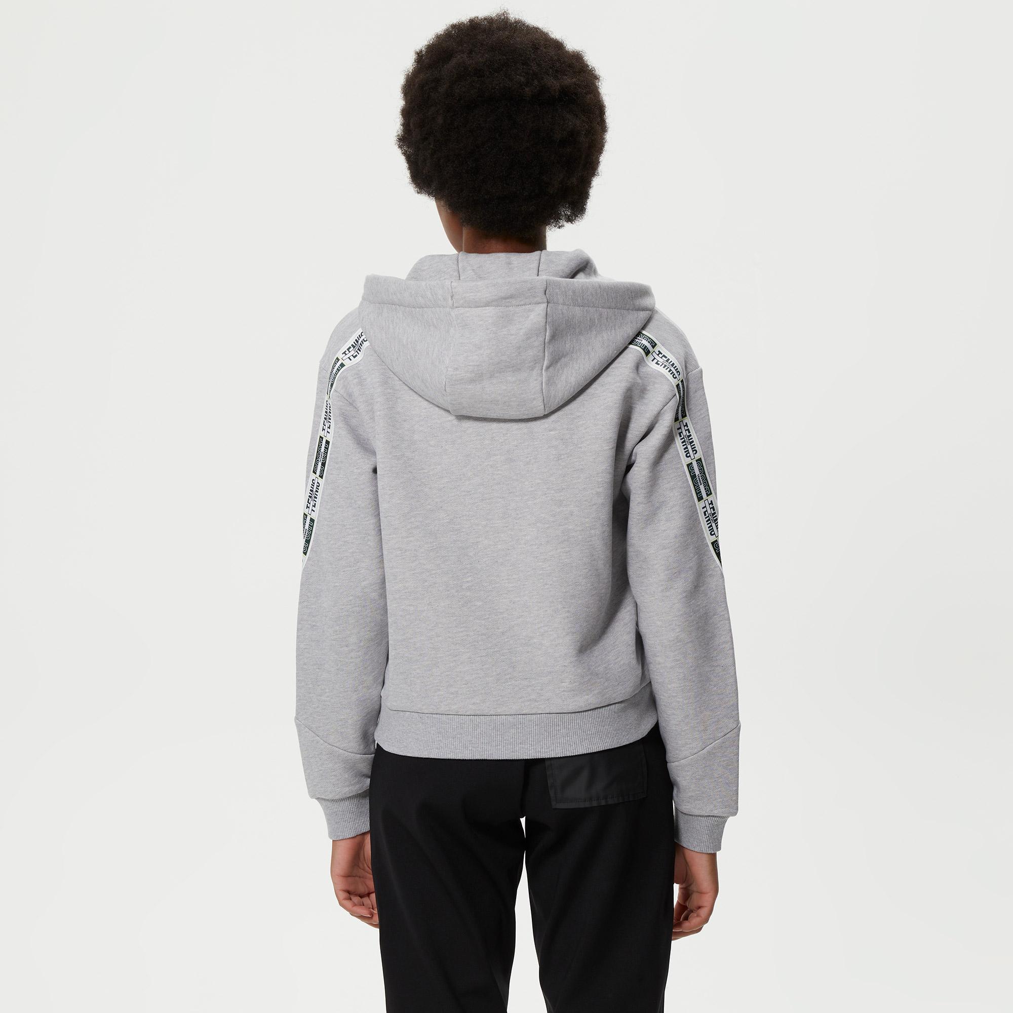 Kadın Crop Fit Kapüşonlu Baskılı Gri Sweatshirt