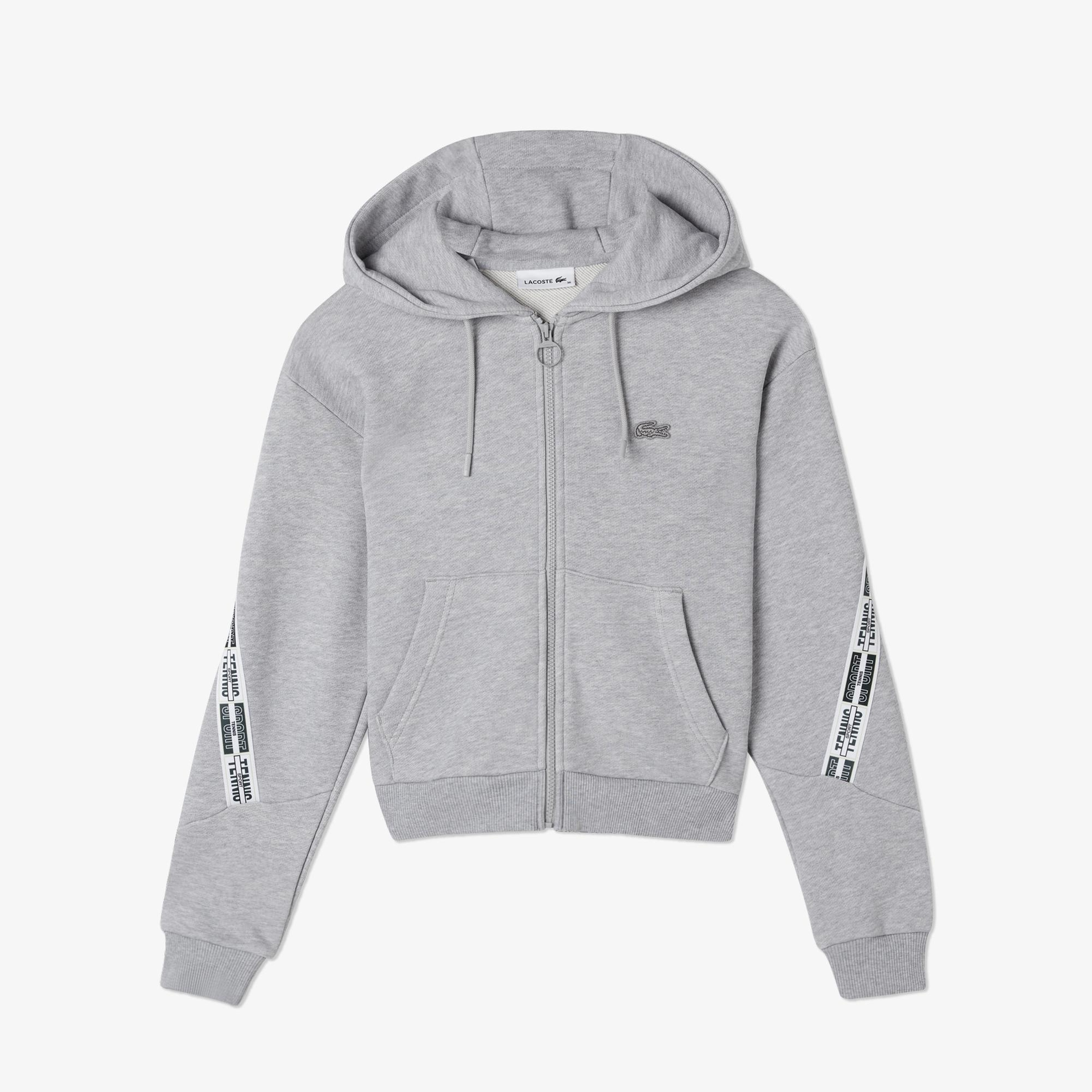 Kadın Crop Fit Kapüşonlu Baskılı Gri Sweatshirt