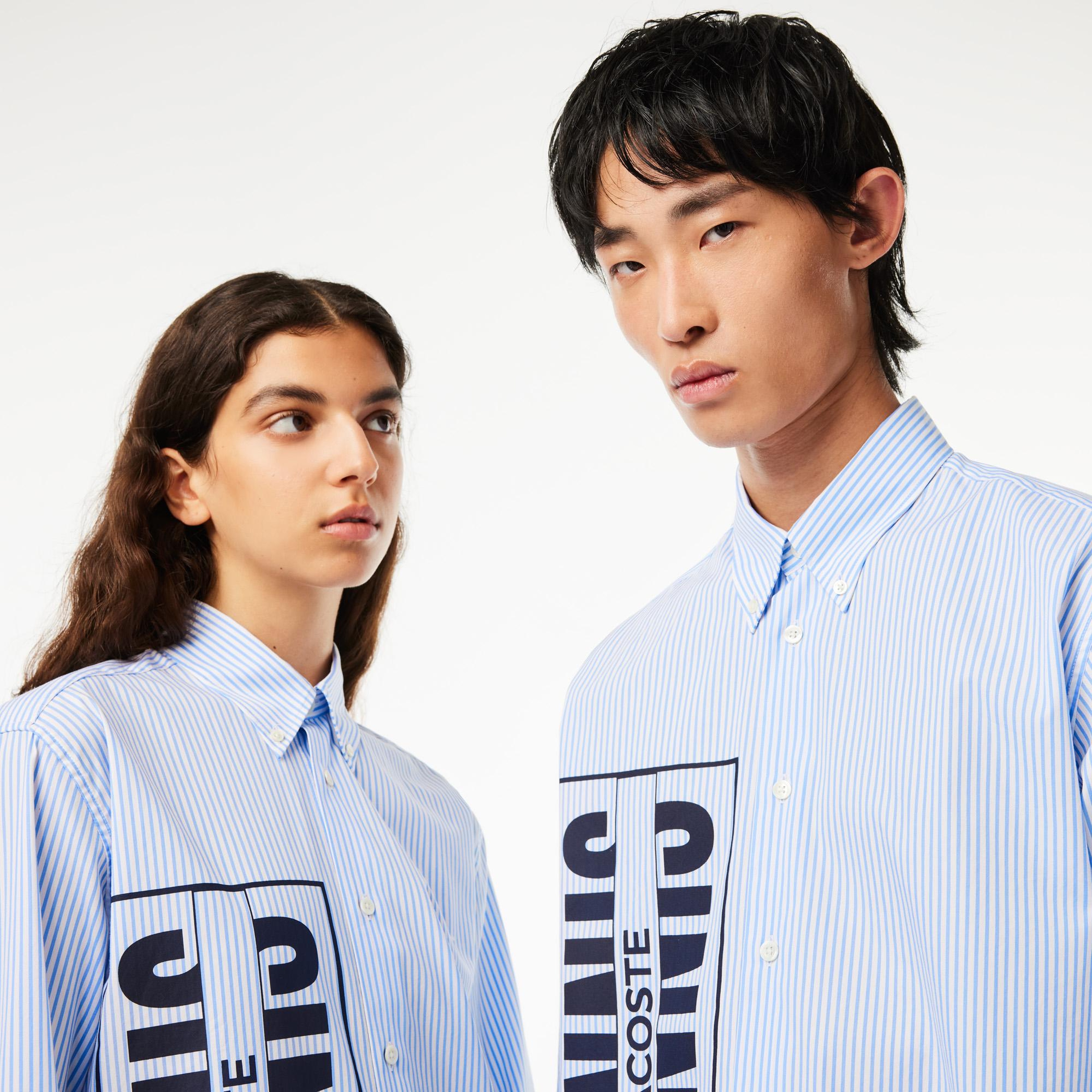 Unisex Relaxed Fit Düğmeli Yaka Çizgili Mavi Gömlek