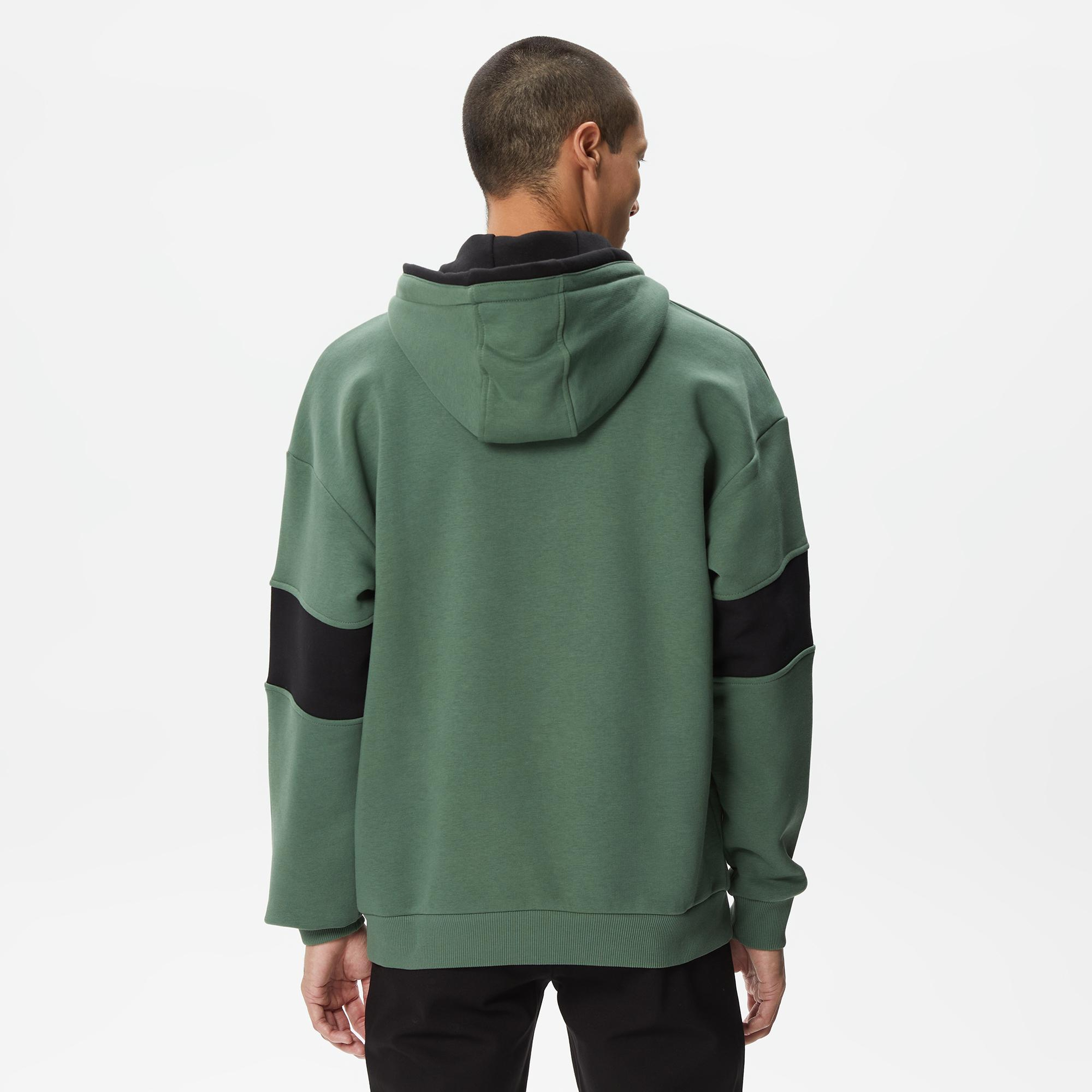 Erkek Relaxed Fit Kapüşonlu Renk Bloklu Haki Sweatshirt