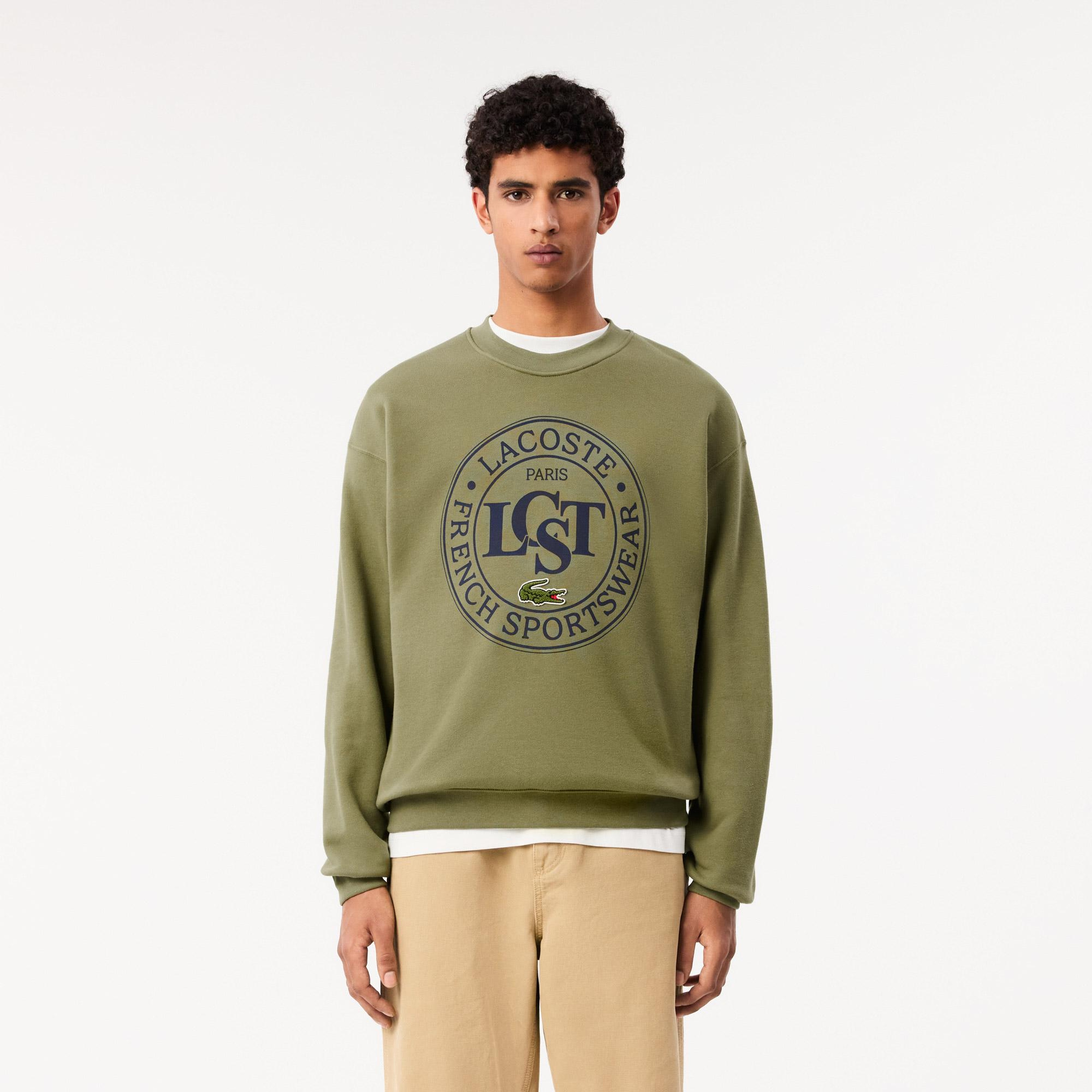 Erkek Loose Fit Bisiket Yaka Baskılı Haki Sweatshirt