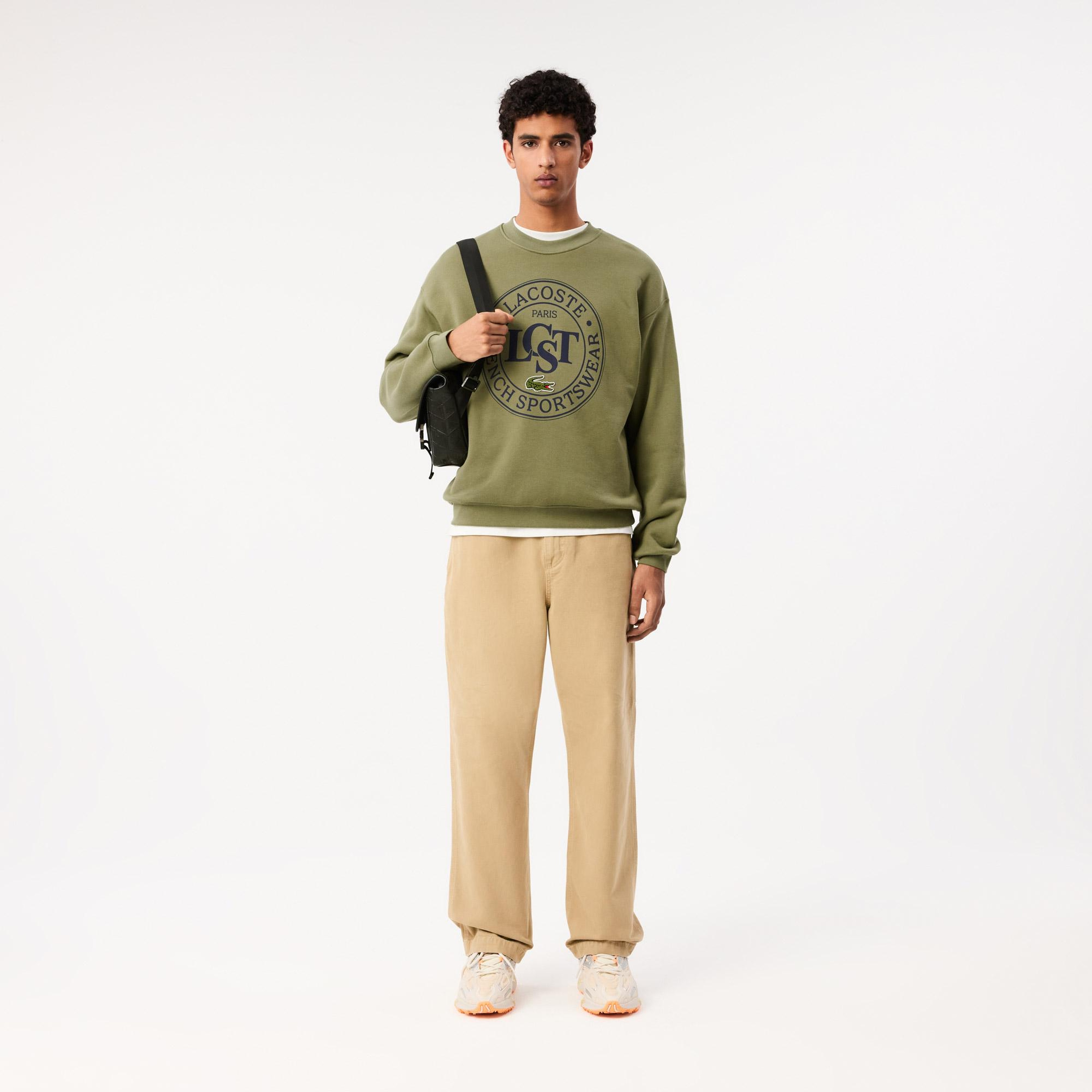 Erkek Loose Fit Bisiket Yaka Baskılı Haki Sweatshirt