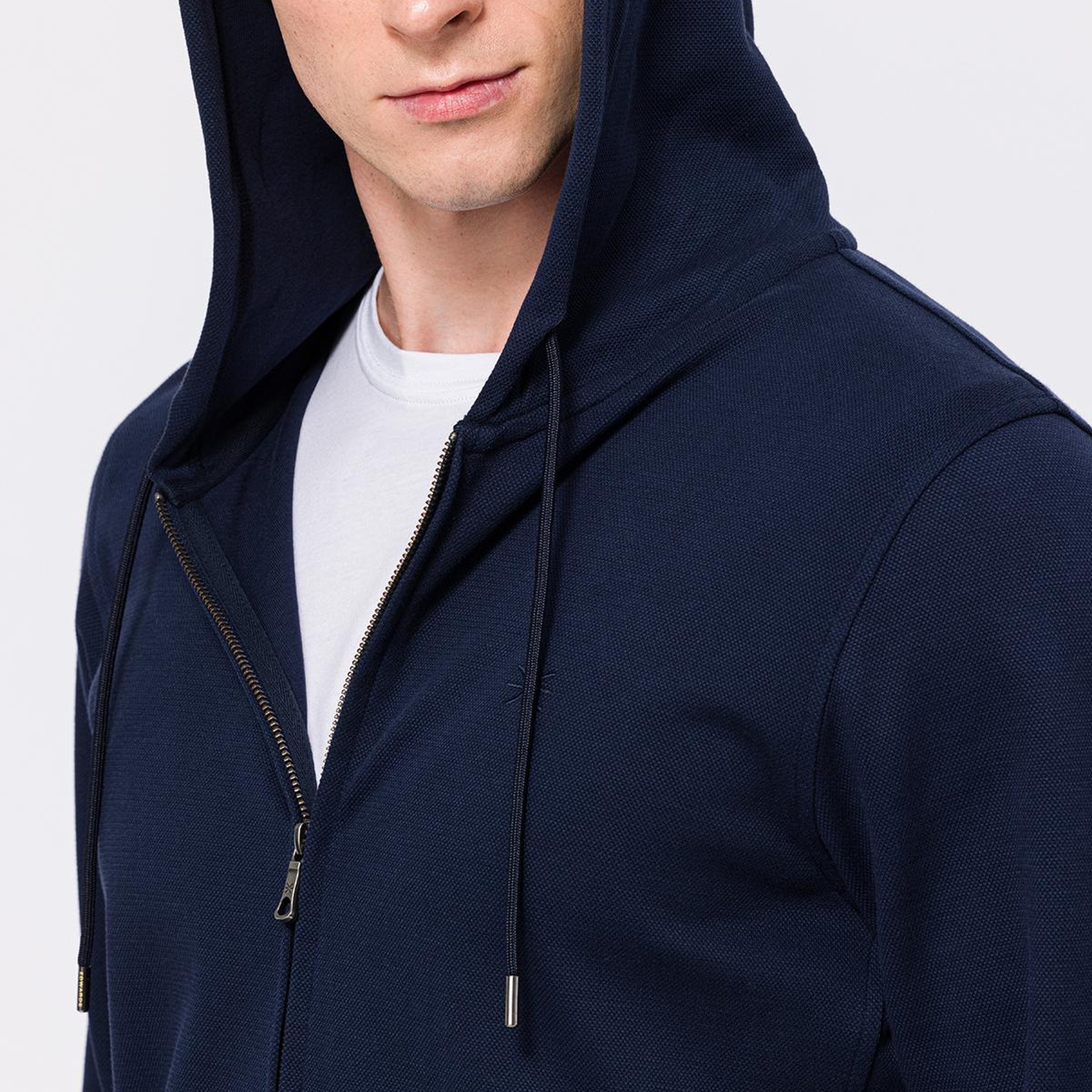 Erkek Lacivert Tam Fermuarlı Organik Pamuklu Kapüşonlu Sweatshirt