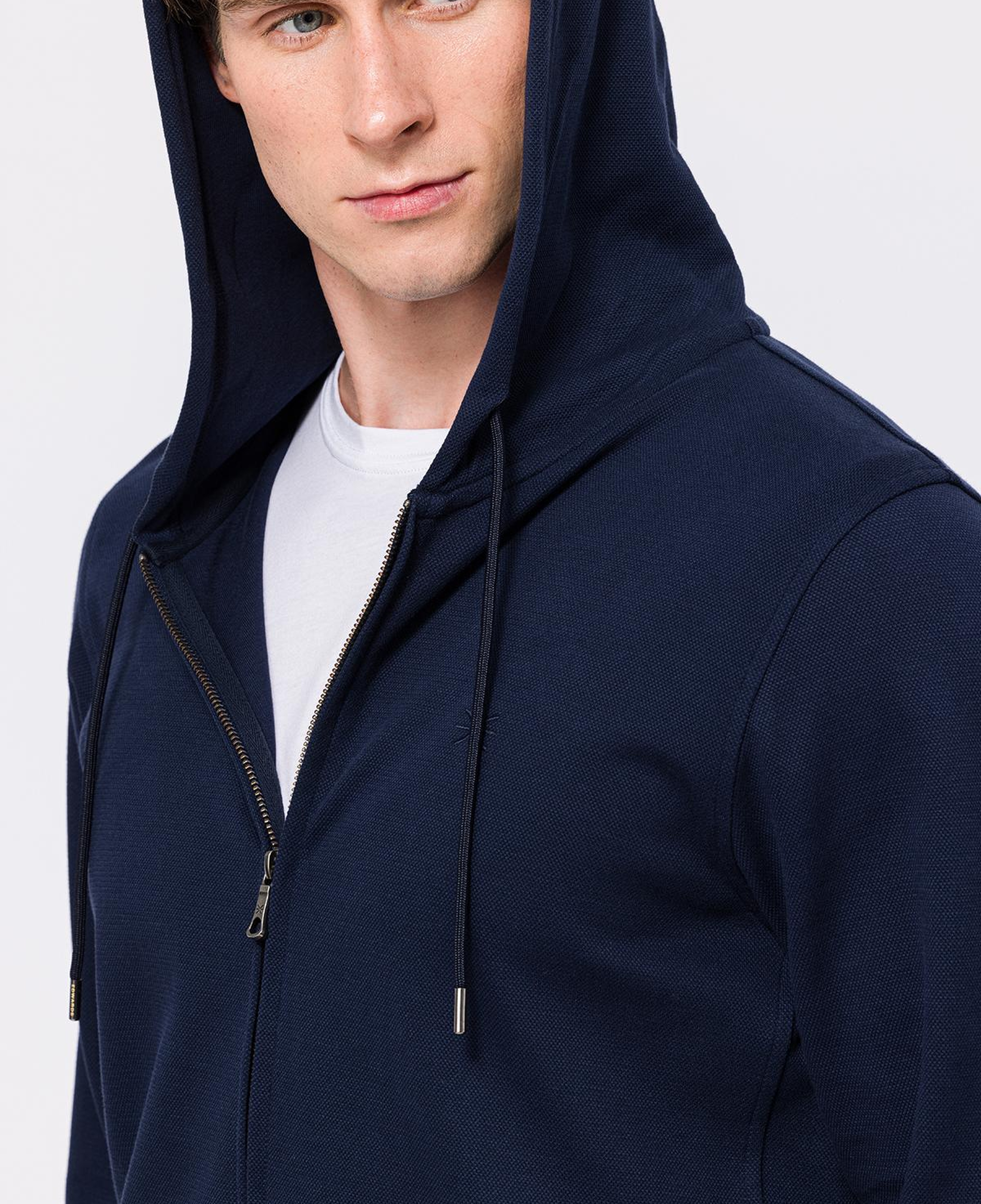 Erkek Lacivert Tam Fermuarlı Organik Pamuklu Kapüşonlu Sweatshirt