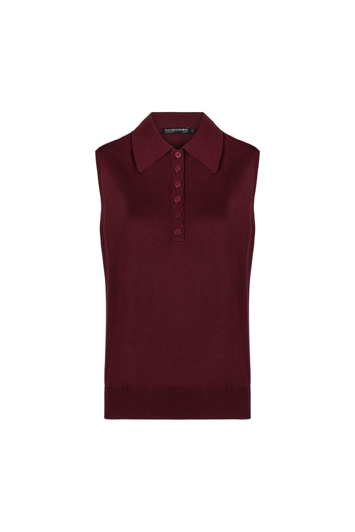 Bordo Chloe İpek Kaşmir Kolsuz Triko Polo