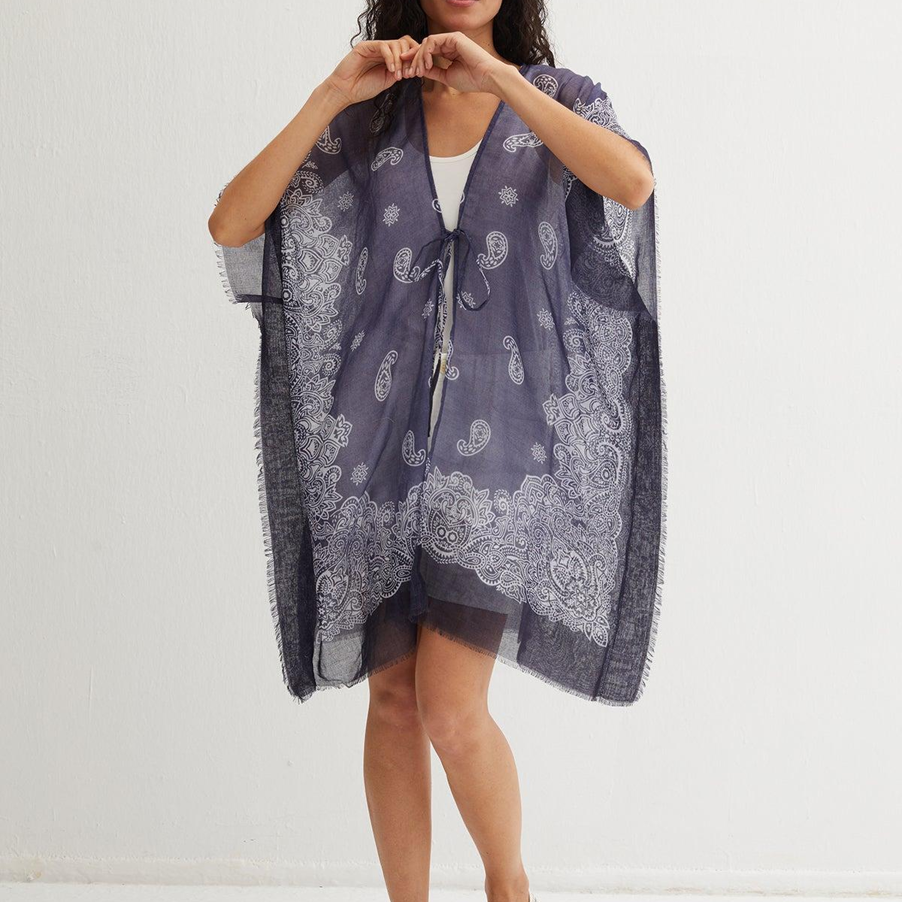 Lacivert Isla İpekli Baskılı Kimono