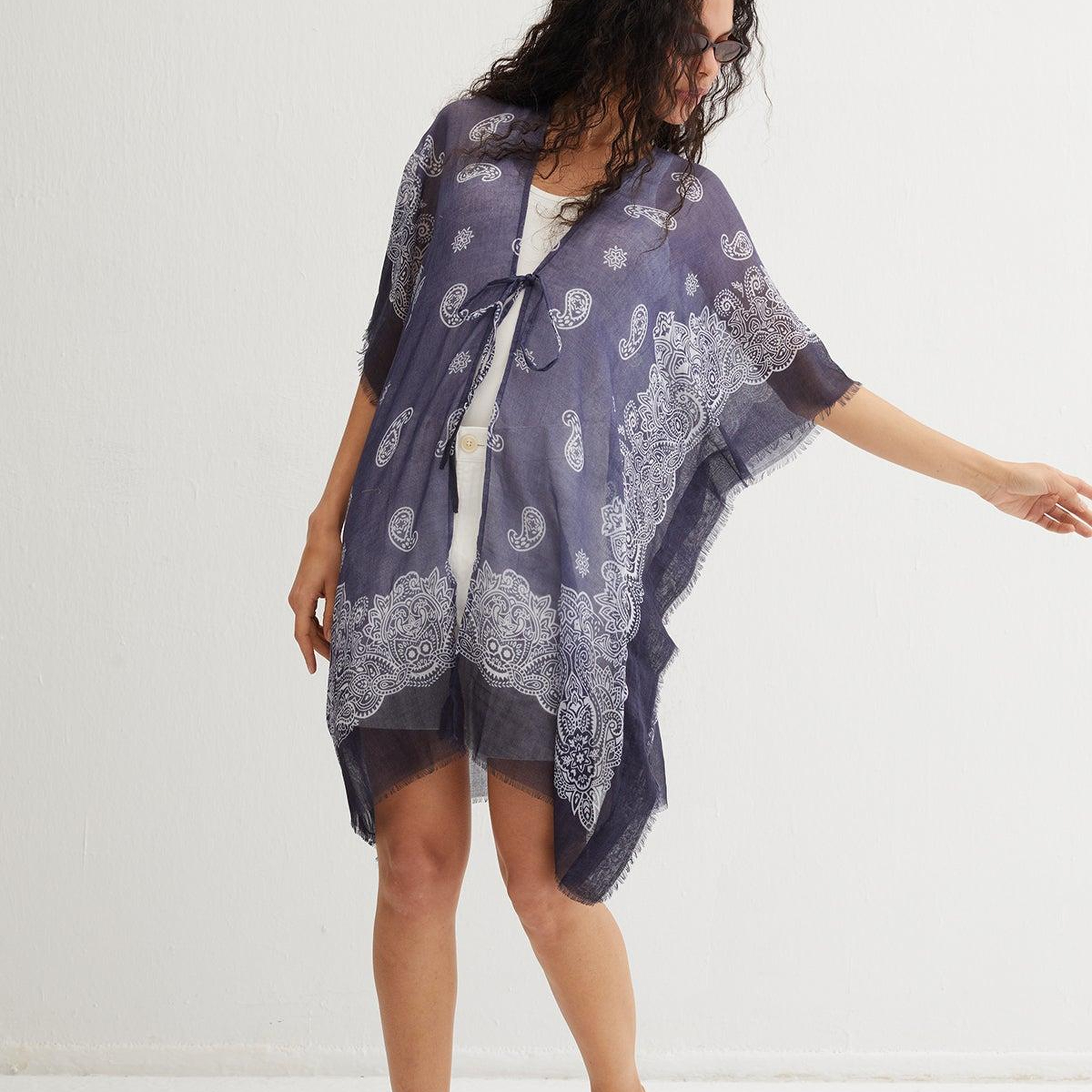 Lacivert Isla İpekli Baskılı Kimono