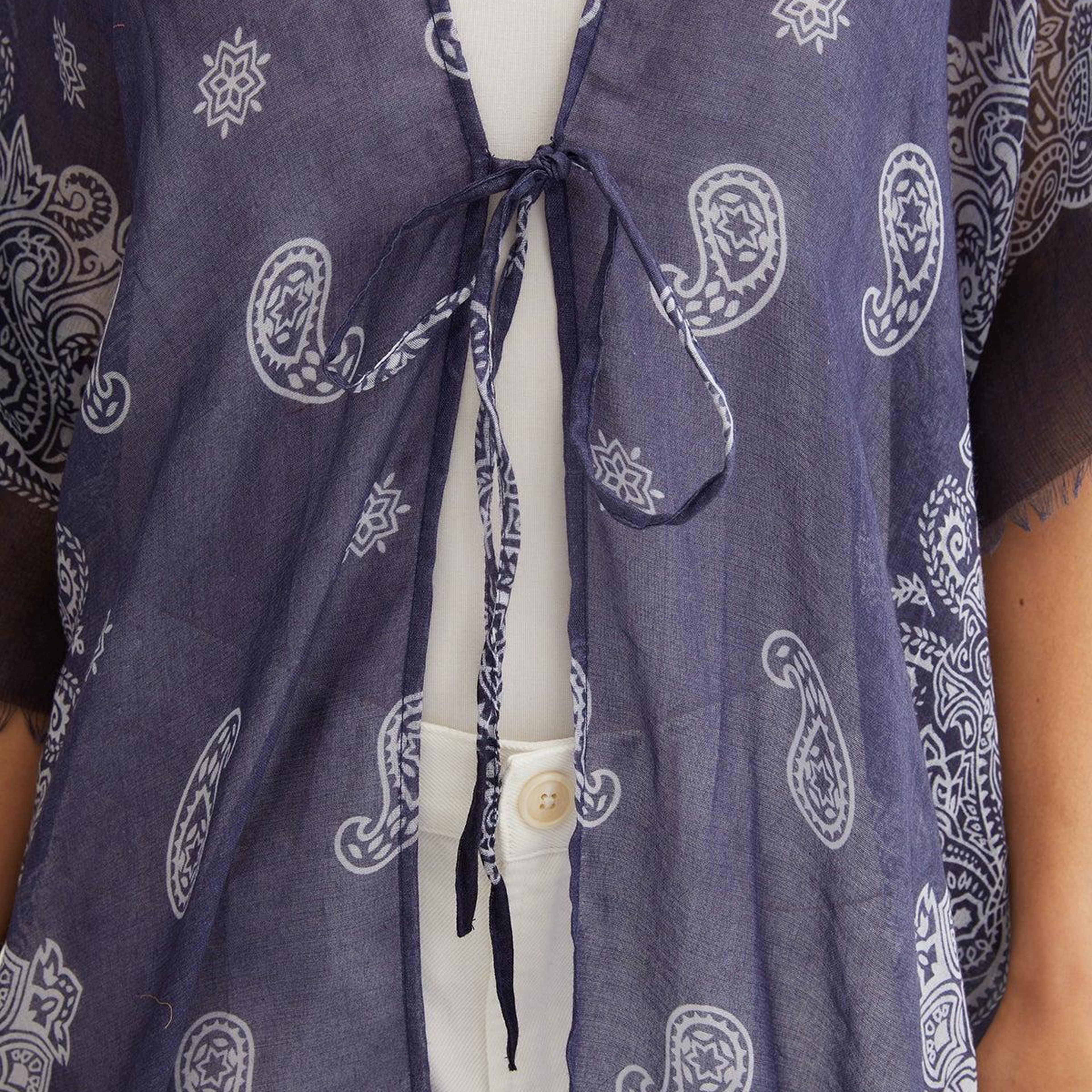 Lacivert Isla İpekli Baskılı Kimono